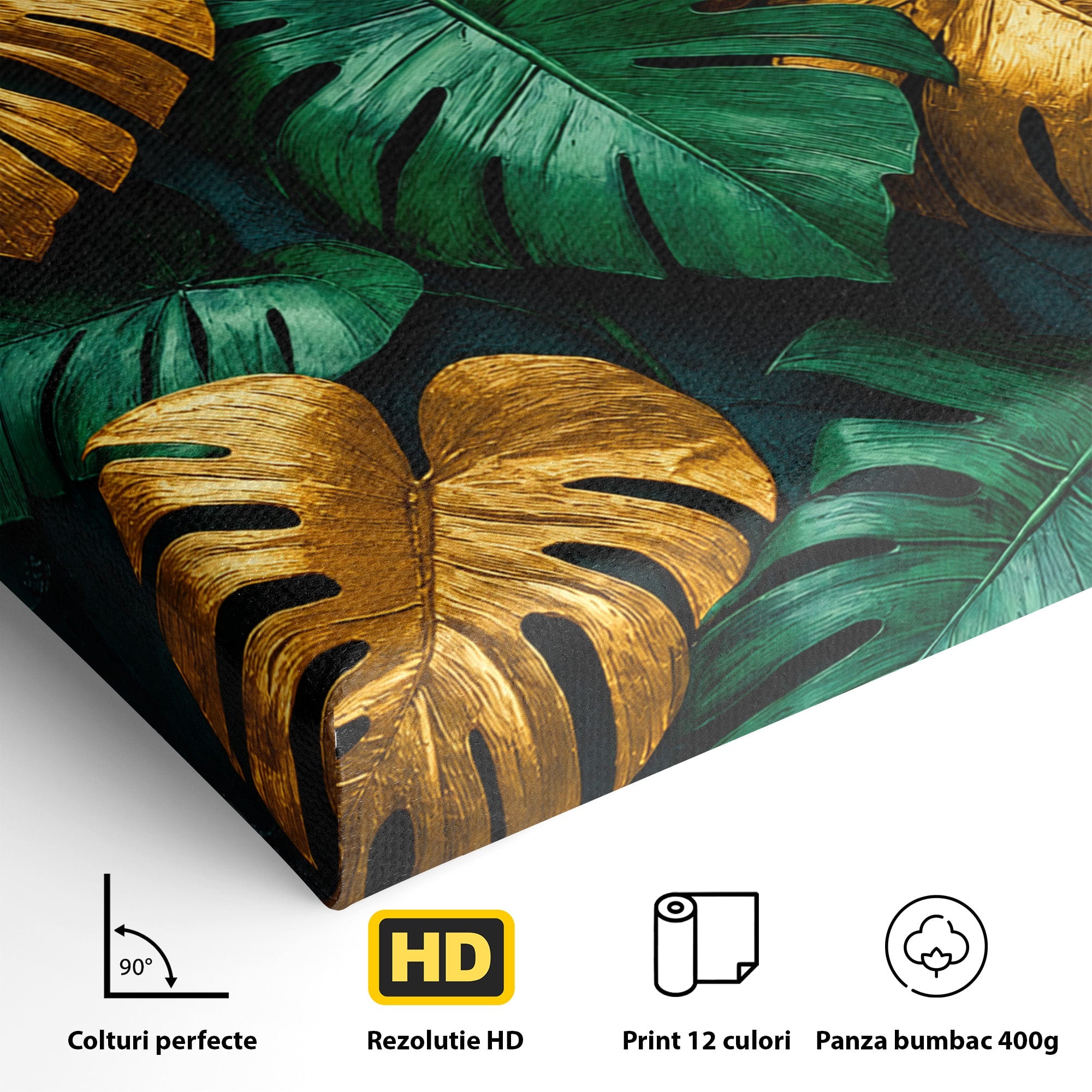 Tablou Canvas Premium LuxCanva® A1880, Frunze Tropicale Aurii, Frunze, Tropical, Auriu, Natura, Modern, Living, Dormitor, Culori Vibrante