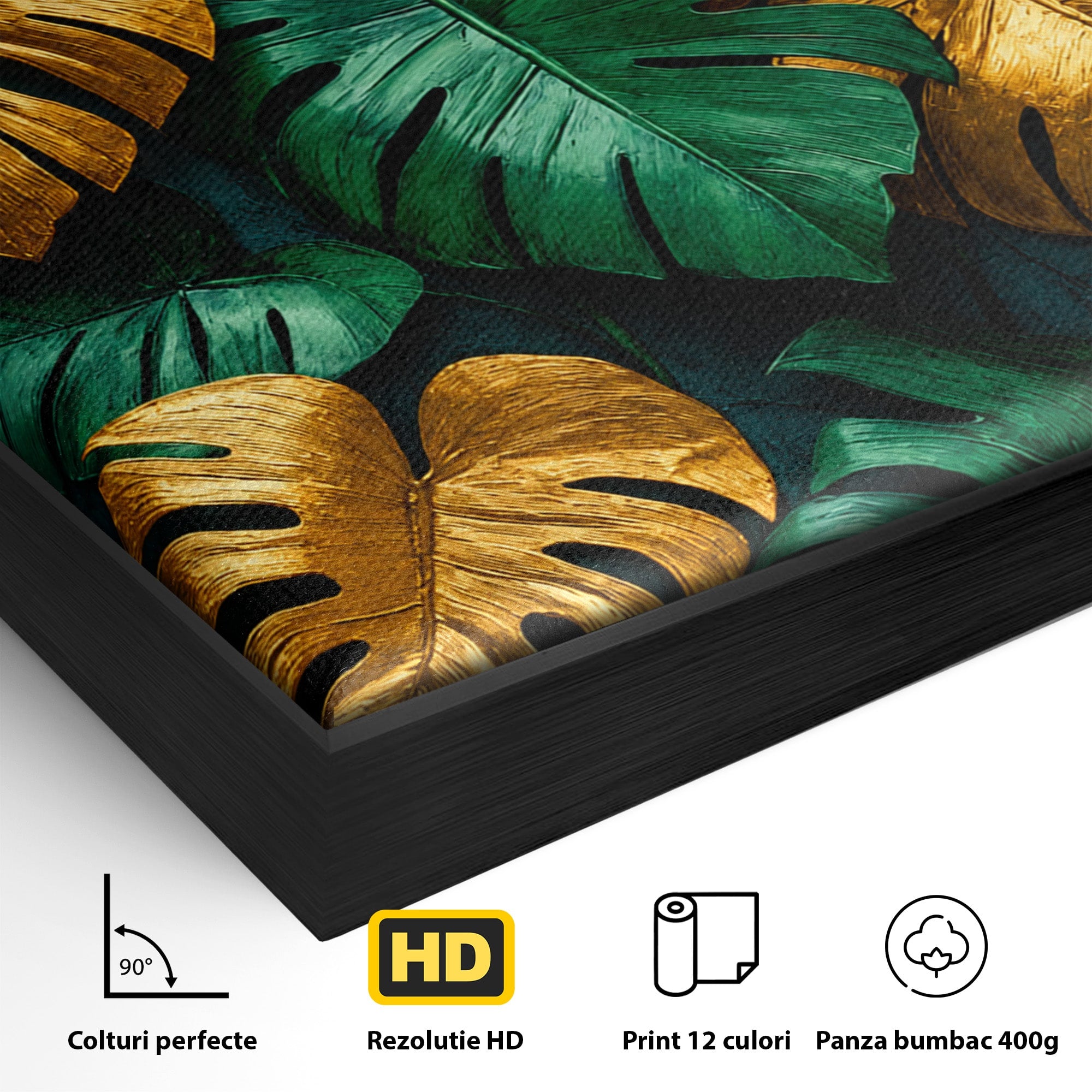 Tablou Canvas Premium LuxCanva® A1880, Frunze Tropicale Aurii, Frunze, Tropical, Auriu, Natura, Modern, Living, Dormitor, Culori Vibrante