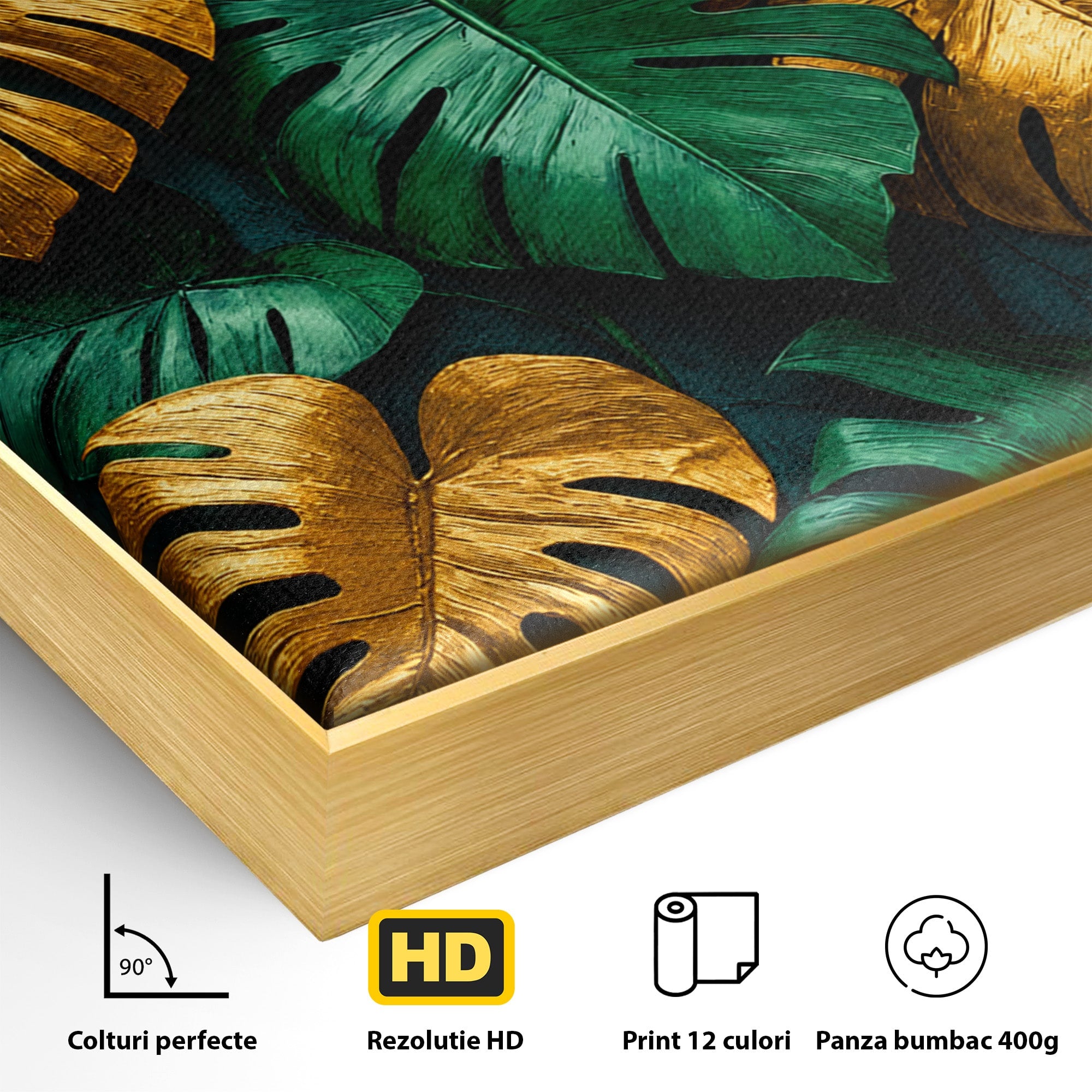 Tablou Canvas Premium LuxCanva® A1880, Frunze Tropicale Aurii, Frunze, Tropical, Auriu, Natura, Modern, Living, Dormitor, Culori Vibrante