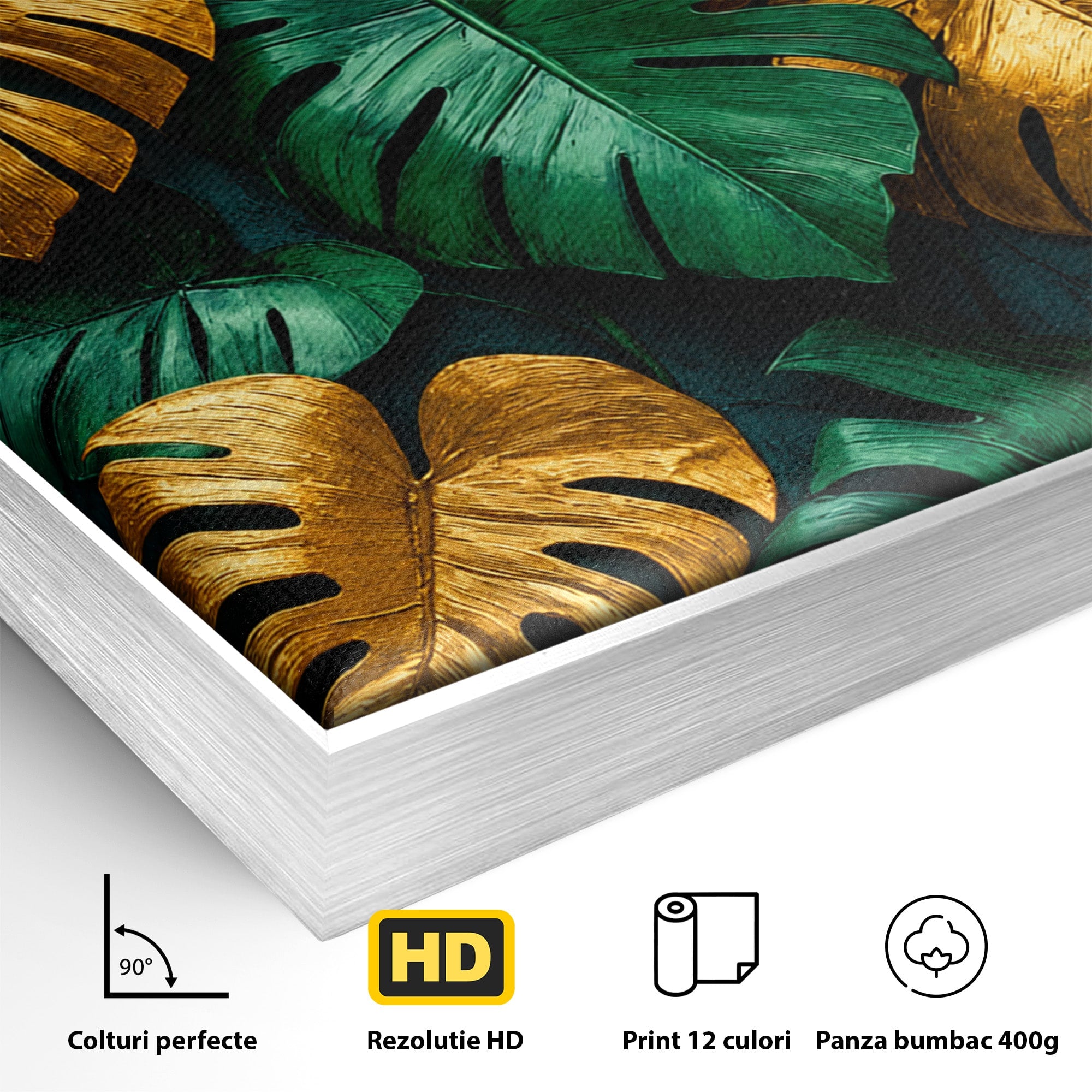 Tablou Canvas Premium LuxCanva® A1880, Frunze Tropicale Aurii, Frunze, Tropical, Auriu, Natura, Modern, Living, Dormitor, Culori Vibrante