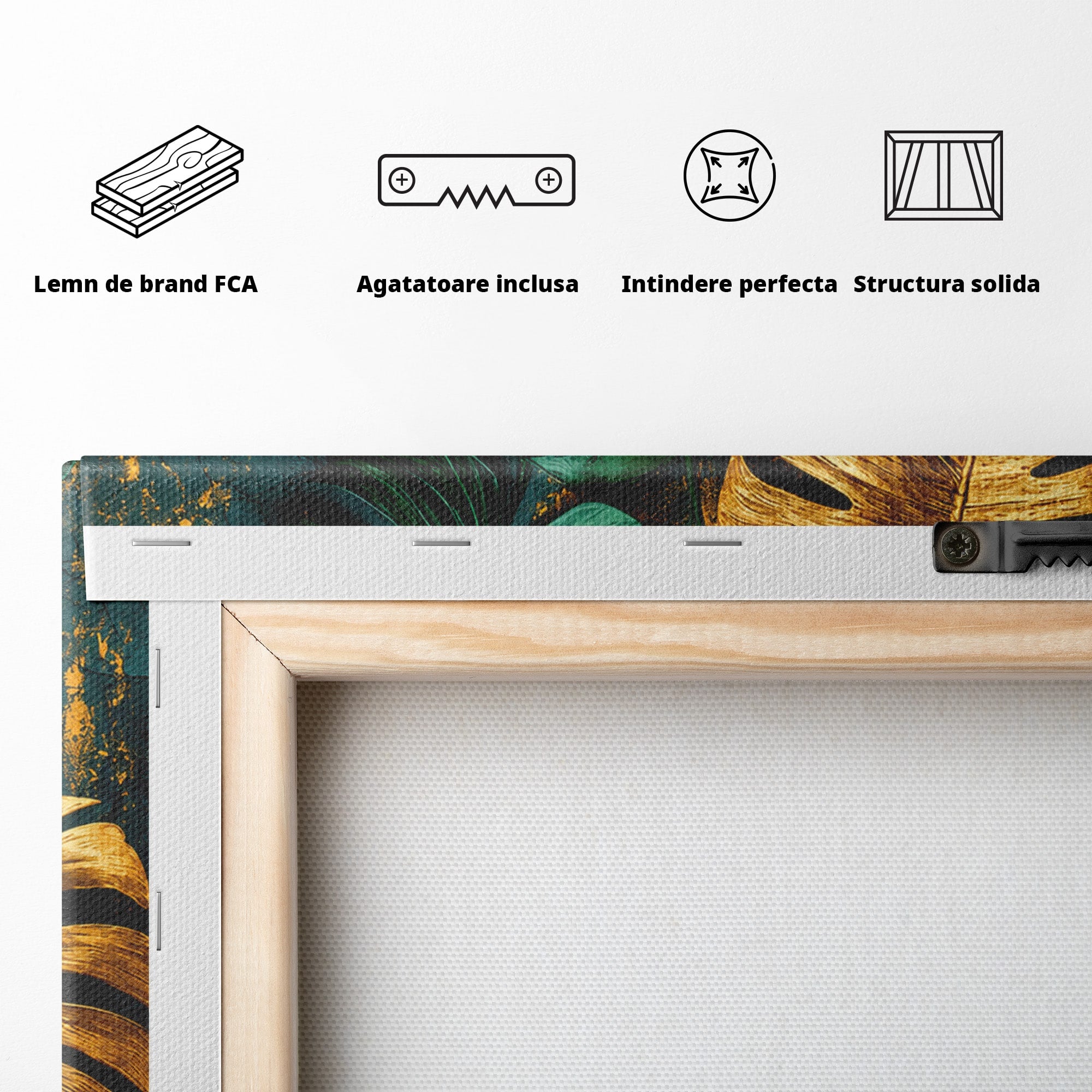 Tablou Canvas Premium LuxCanva® A1880, Frunze Tropicale Aurii, Frunze, Tropical, Auriu, Natura, Modern, Living, Dormitor, Culori Vibrante