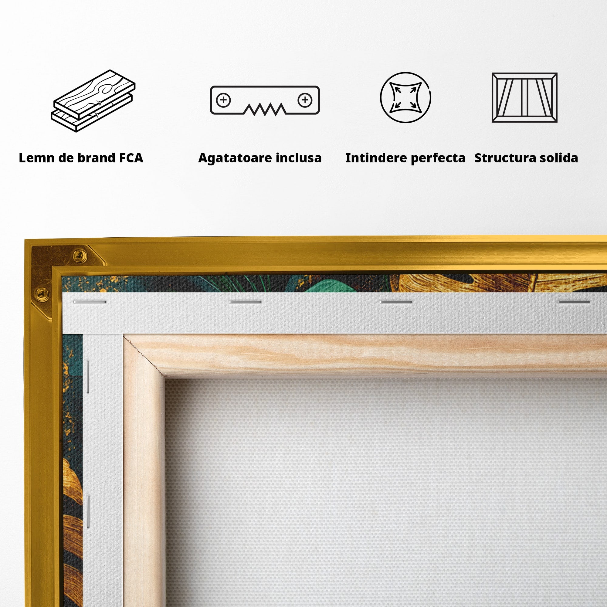 Tablou Canvas Premium LuxCanva® A1880, Frunze Tropicale Aurii, Frunze, Tropical, Auriu, Natura, Modern, Living, Dormitor, Culori Vibrante