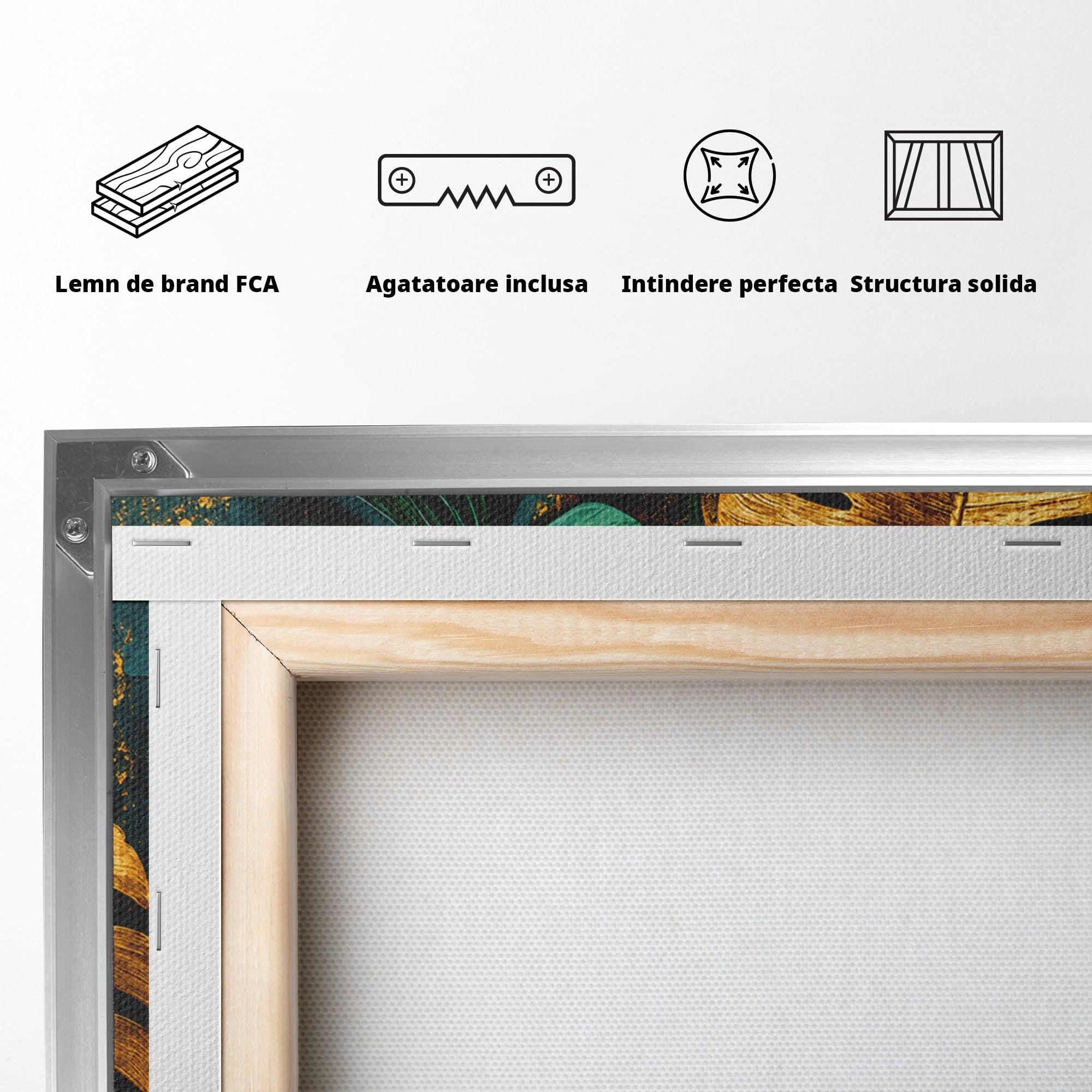 Tablou Canvas Premium LuxCanva® A1880, Frunze Tropicale Aurii, Frunze, Tropical, Auriu, Natura, Modern, Living, Dormitor, Culori Vibrante