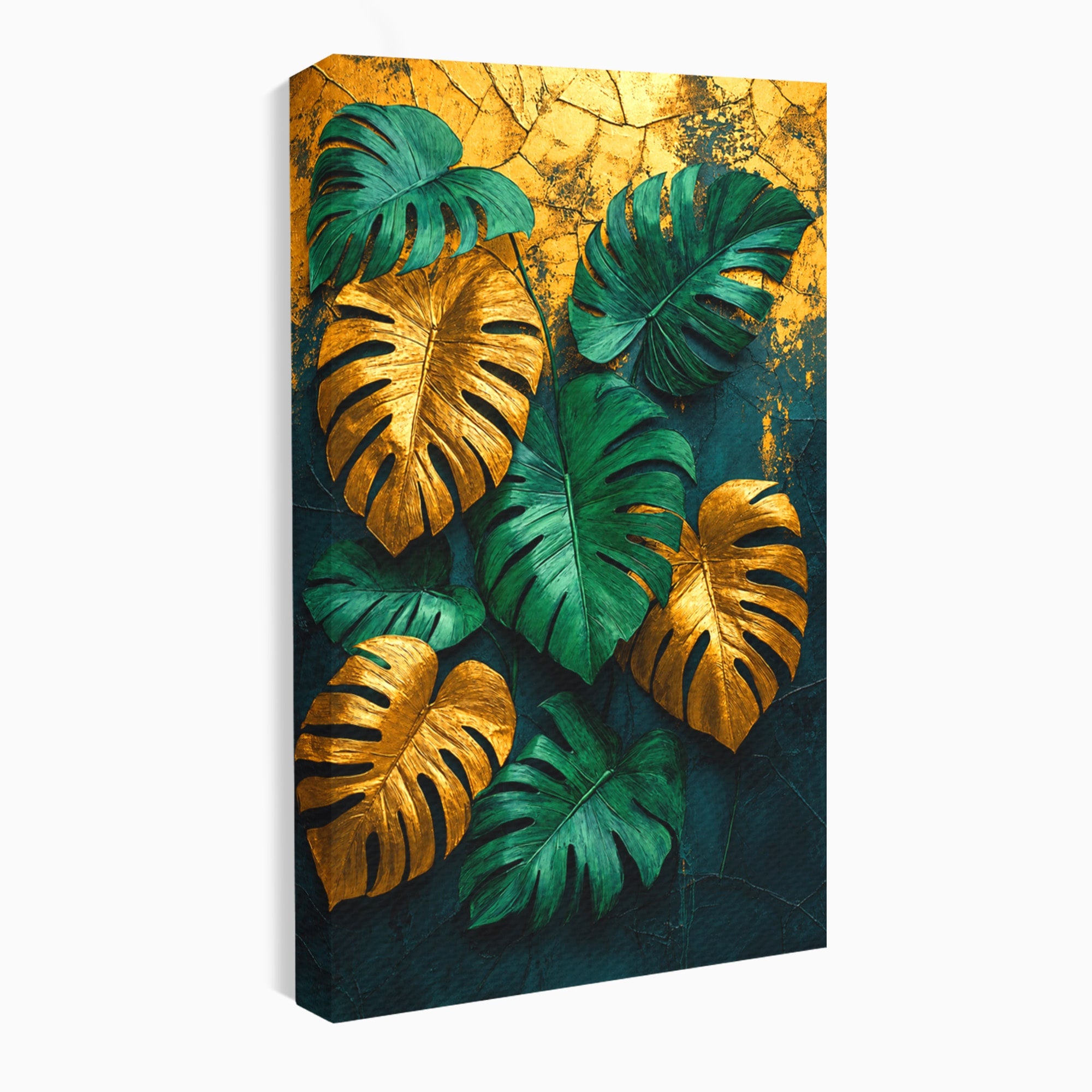 Tablou Canvas Premium LuxCanva® A1880, Frunze Tropicale Aurii, Frunze, Tropical, Auriu, Natura, Modern, Living, Dormitor, Culori Vibrante