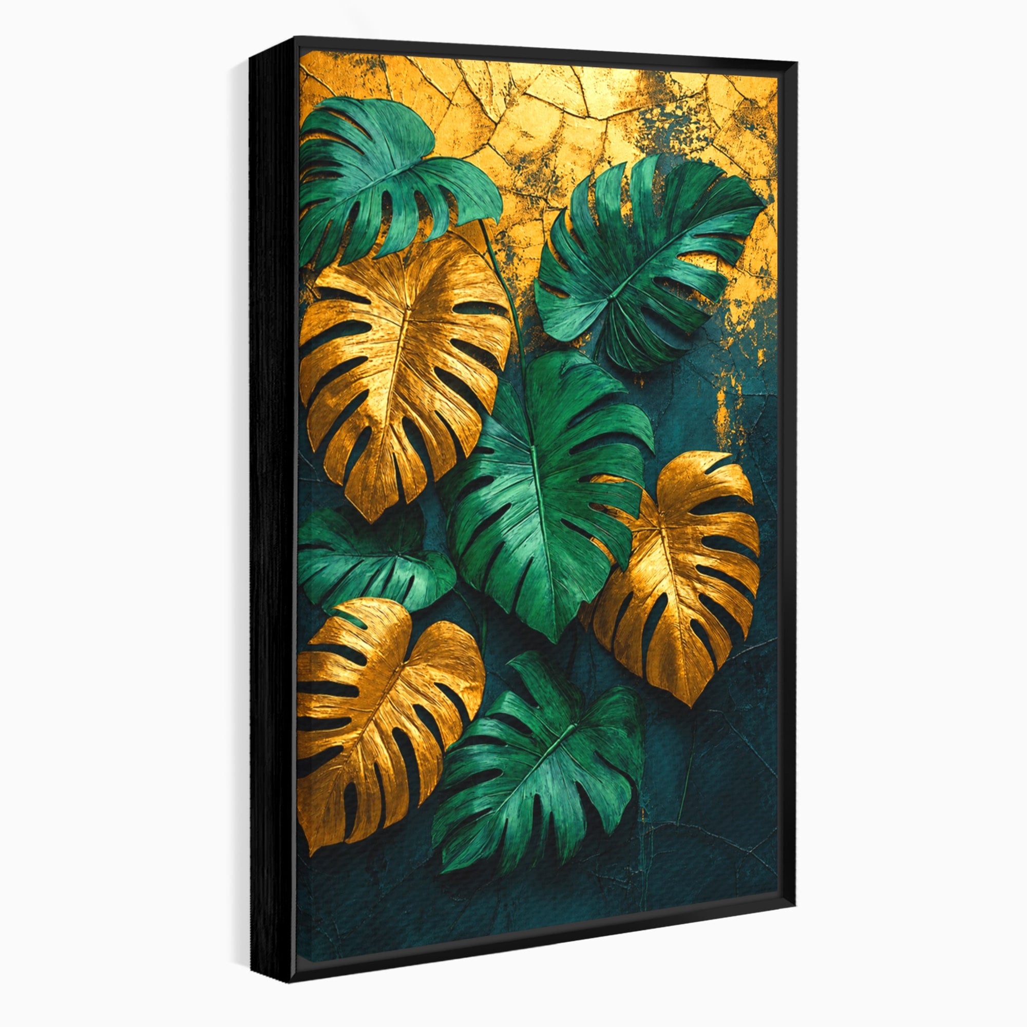 Tablou Canvas Premium LuxCanva® A1880, Frunze Tropicale Aurii, Frunze, Tropical, Auriu, Natura, Modern, Living, Dormitor, Culori Vibrante