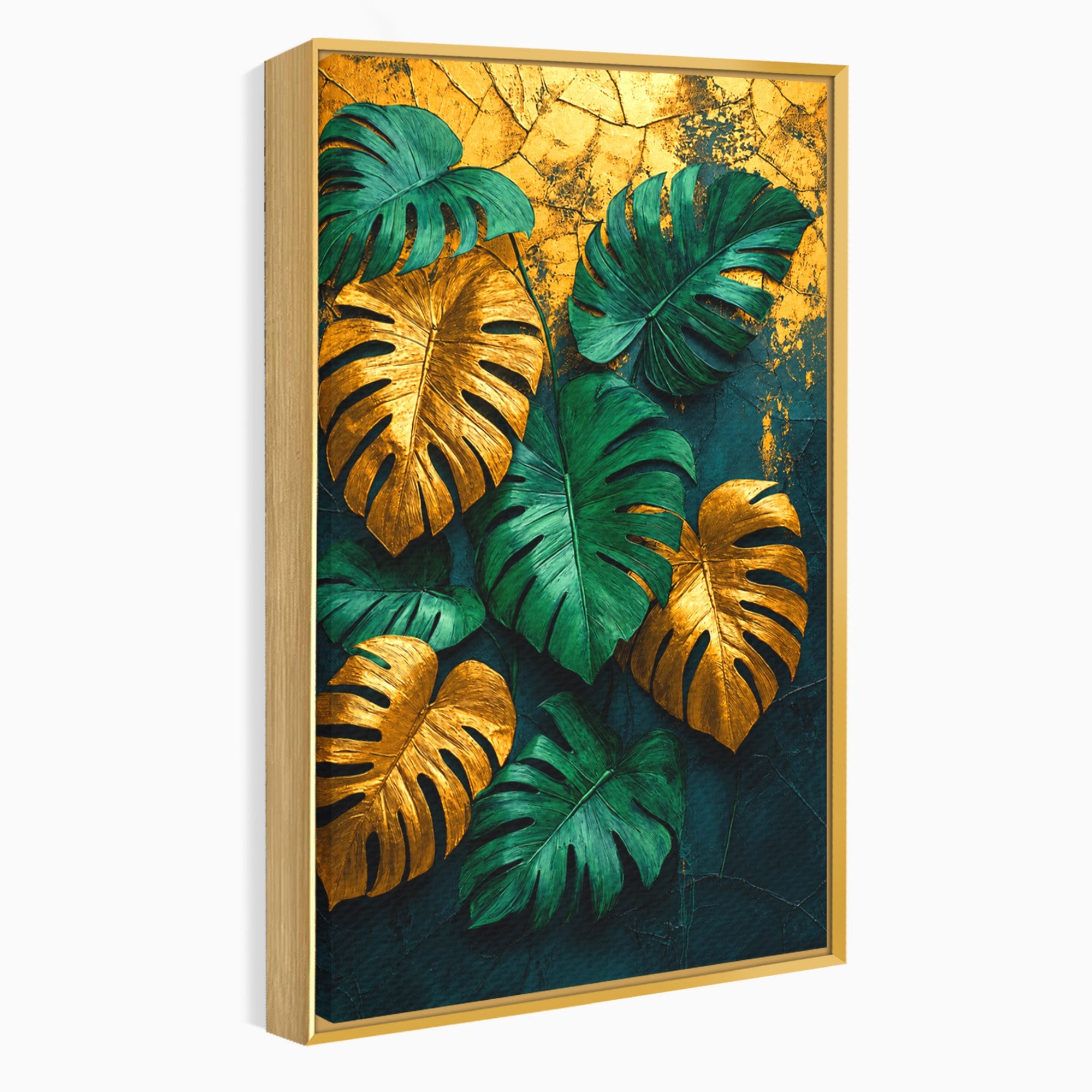 Tablou Canvas Premium LuxCanva® A1880, Frunze Tropicale Aurii, Frunze, Tropical, Auriu, Natura, Modern, Living, Dormitor, Culori Vibrante