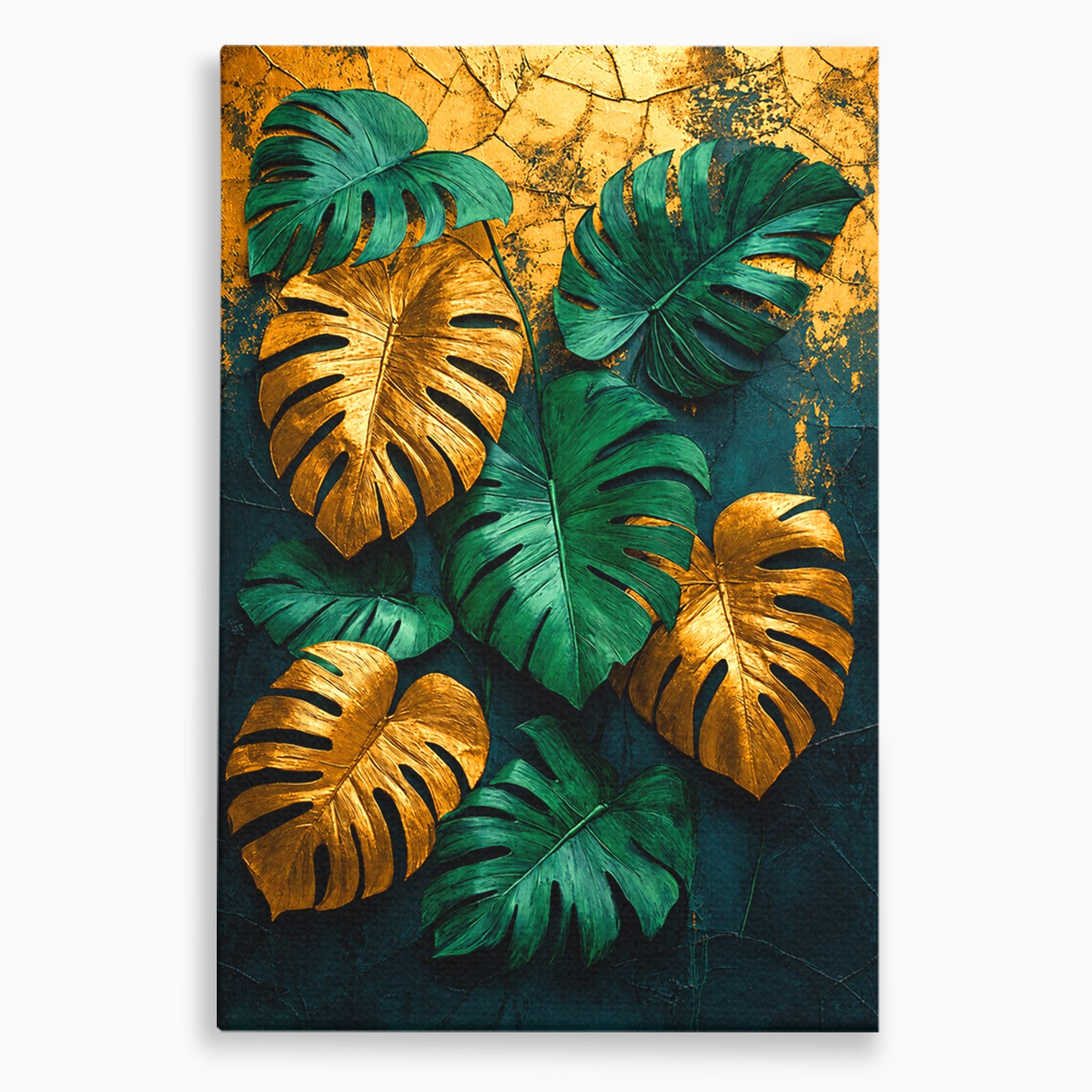 Tablou Canvas Premium LuxCanva® A1880, Frunze Tropicale Aurii, Frunze, Tropical, Auriu, Natura, Modern, Living, Dormitor, Culori Vibrante
