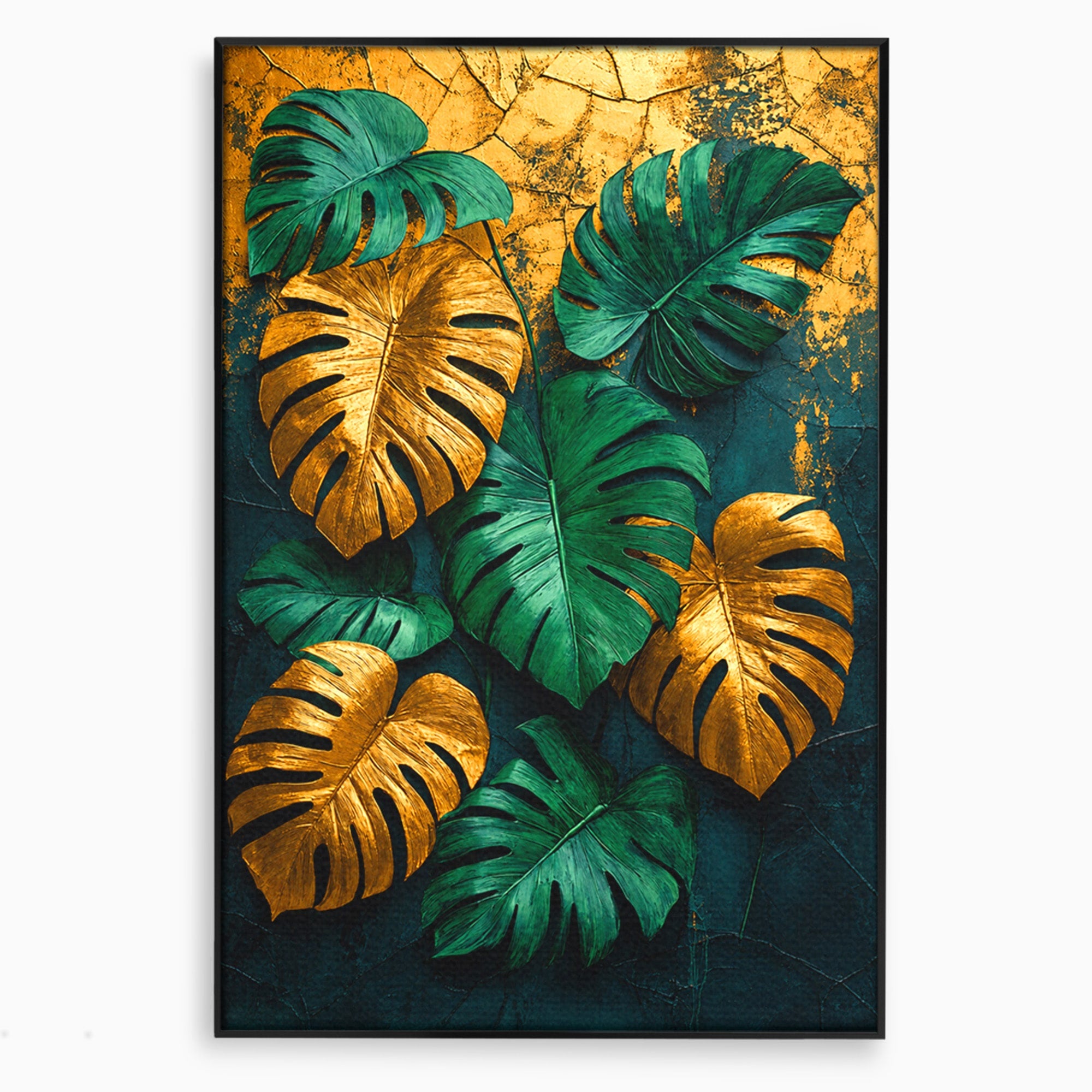 Tablou Canvas Premium LuxCanva® A1880, Frunze Tropicale Aurii, Frunze, Tropical, Auriu, Natura, Modern, Living, Dormitor, Culori Vibrante