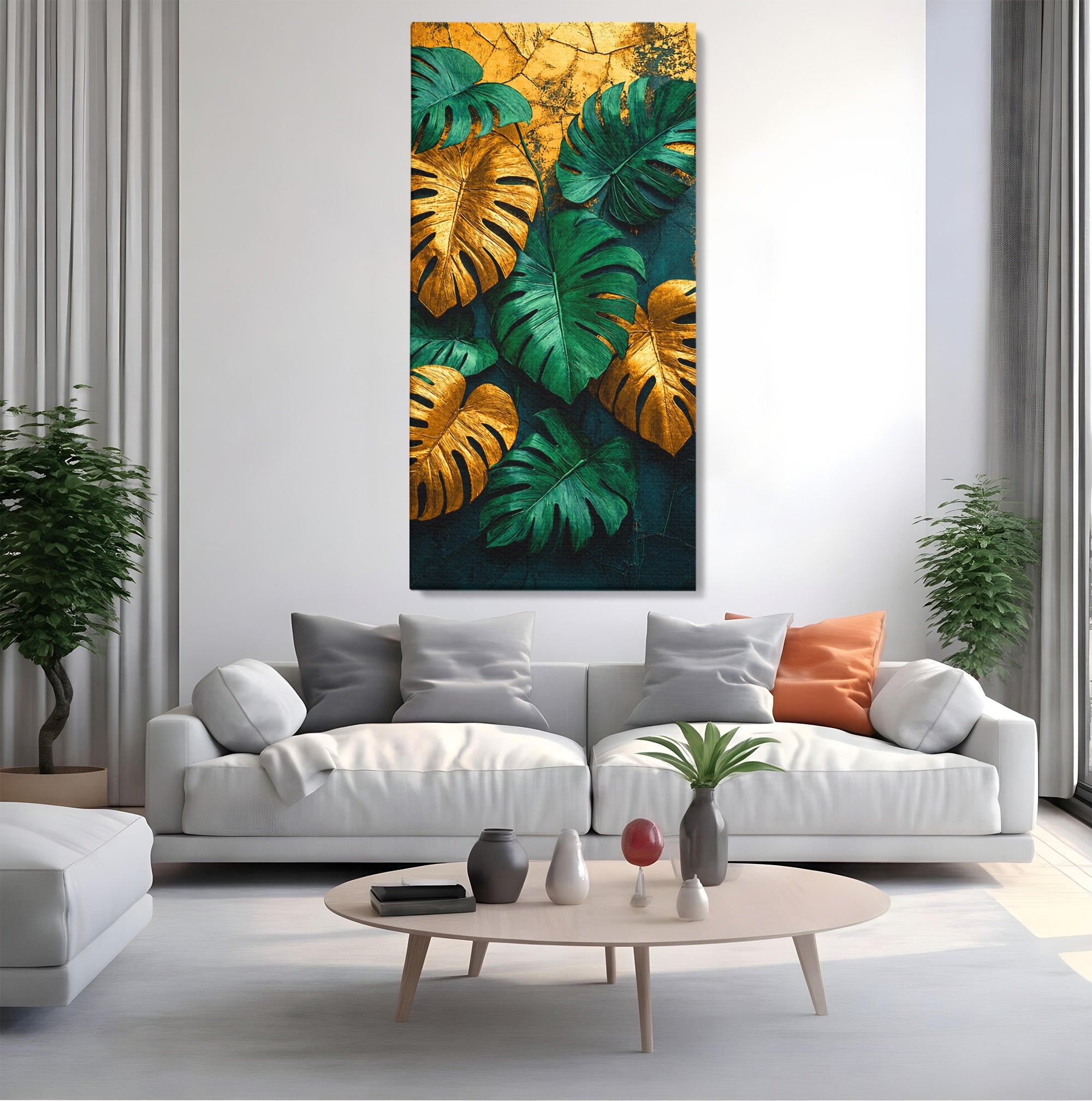 Tablou Canvas Premium LuxCanva® A1880, Frunze Tropicale Aurii, Frunze, Tropical, Auriu, Natura, Modern, Living, Dormitor, Culori Vibrante