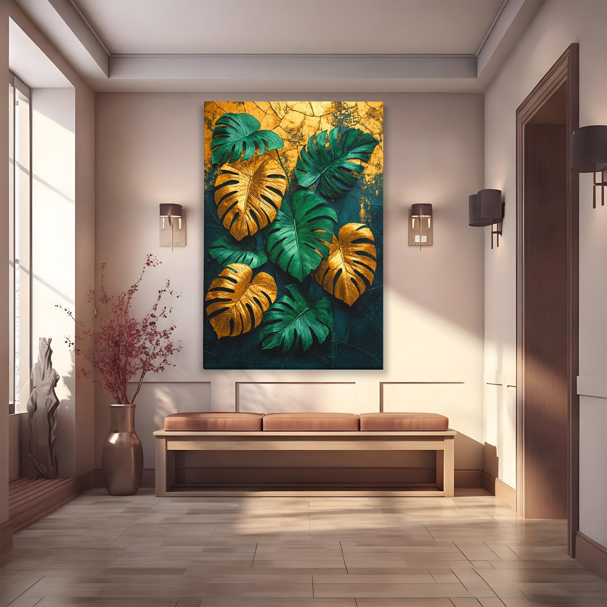 Tablou Canvas Premium LuxCanva® A1880, Frunze Tropicale Aurii, Frunze, Tropical, Auriu, Natura, Modern, Living, Dormitor, Culori Vibrante
