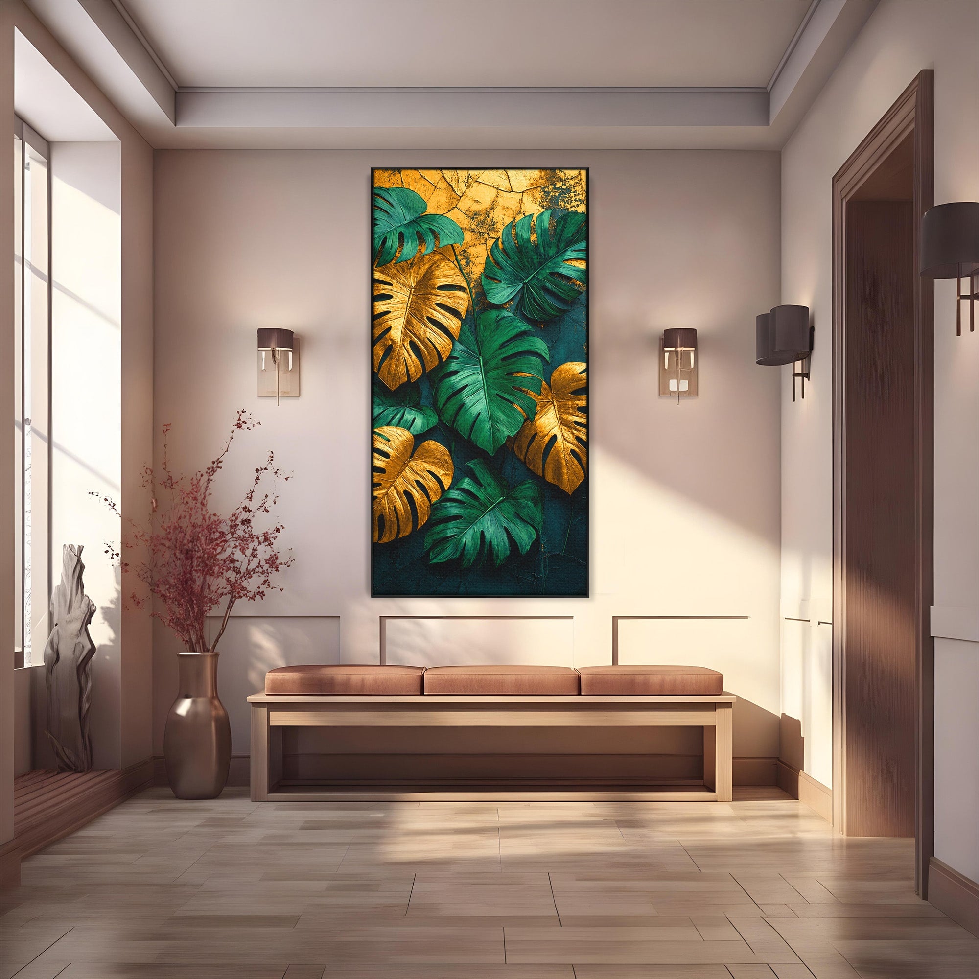 Tablou Canvas Premium LuxCanva® A1880, Frunze Tropicale Aurii, Frunze, Tropical, Auriu, Natura, Modern, Living, Dormitor, Culori Vibrante
