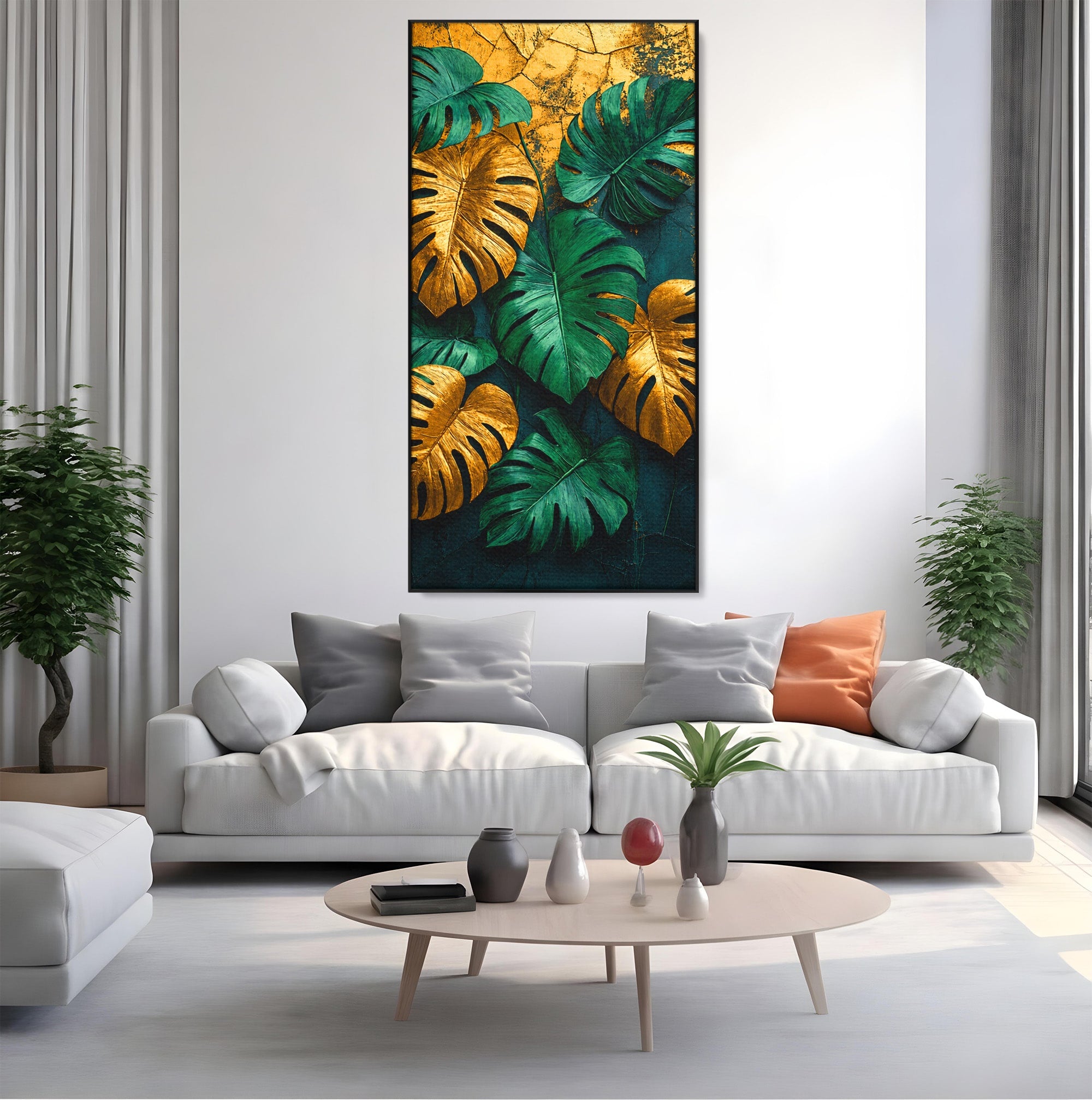 Tablou Canvas Premium LuxCanva® A1880, Frunze Tropicale Aurii, Frunze, Tropical, Auriu, Natura, Modern, Living, Dormitor, Culori Vibrante