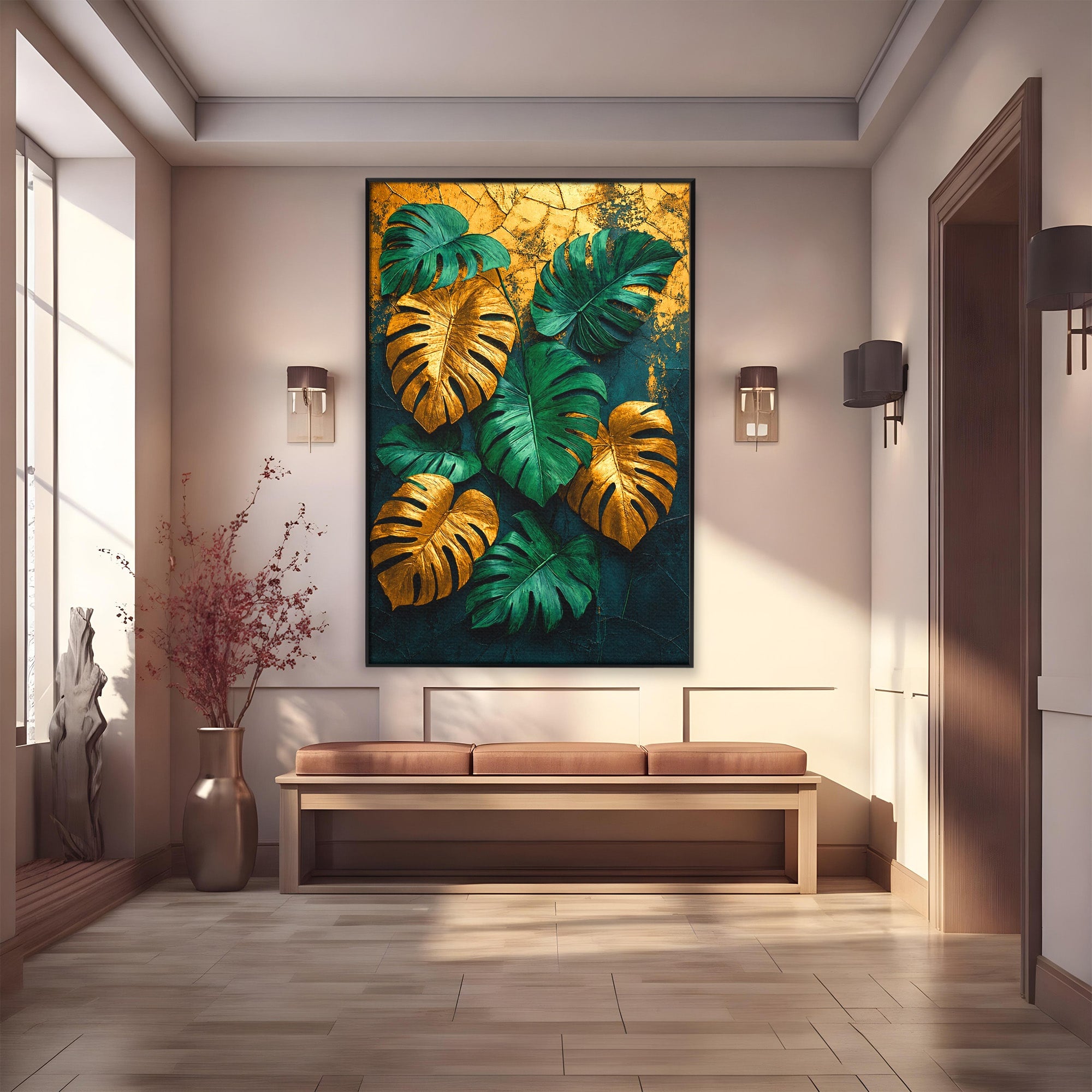 Tablou Canvas Premium LuxCanva® A1880, Frunze Tropicale Aurii, Frunze, Tropical, Auriu, Natura, Modern, Living, Dormitor, Culori Vibrante