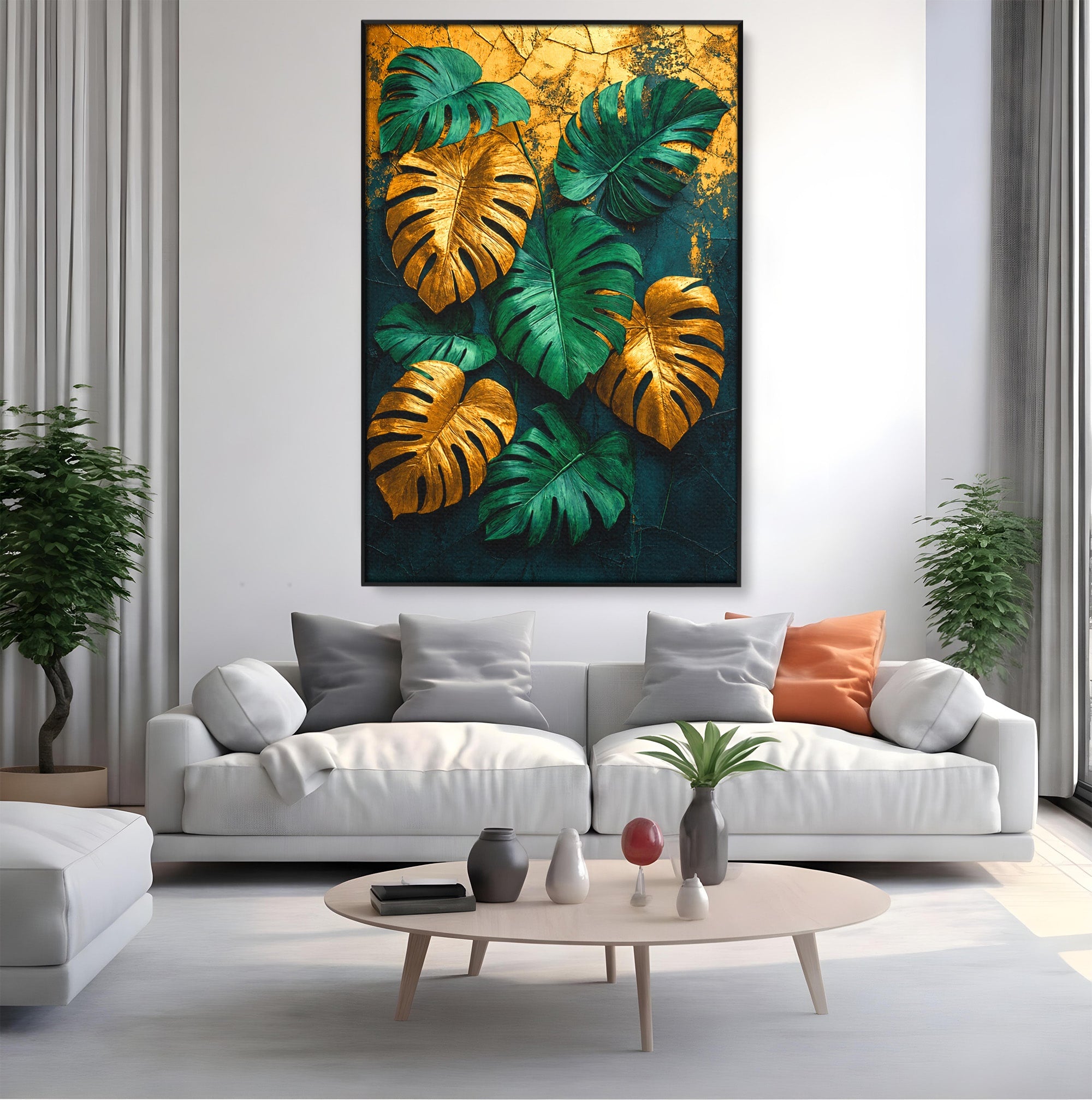 Tablou Canvas Premium LuxCanva® A1880, Frunze Tropicale Aurii, Frunze, Tropical, Auriu, Natura, Modern, Living, Dormitor, Culori Vibrante