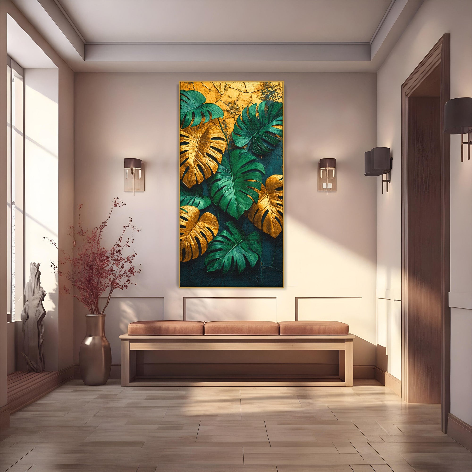 Tablou Canvas Premium LuxCanva® A1880, Frunze Tropicale Aurii, Frunze, Tropical, Auriu, Natura, Modern, Living, Dormitor, Culori Vibrante