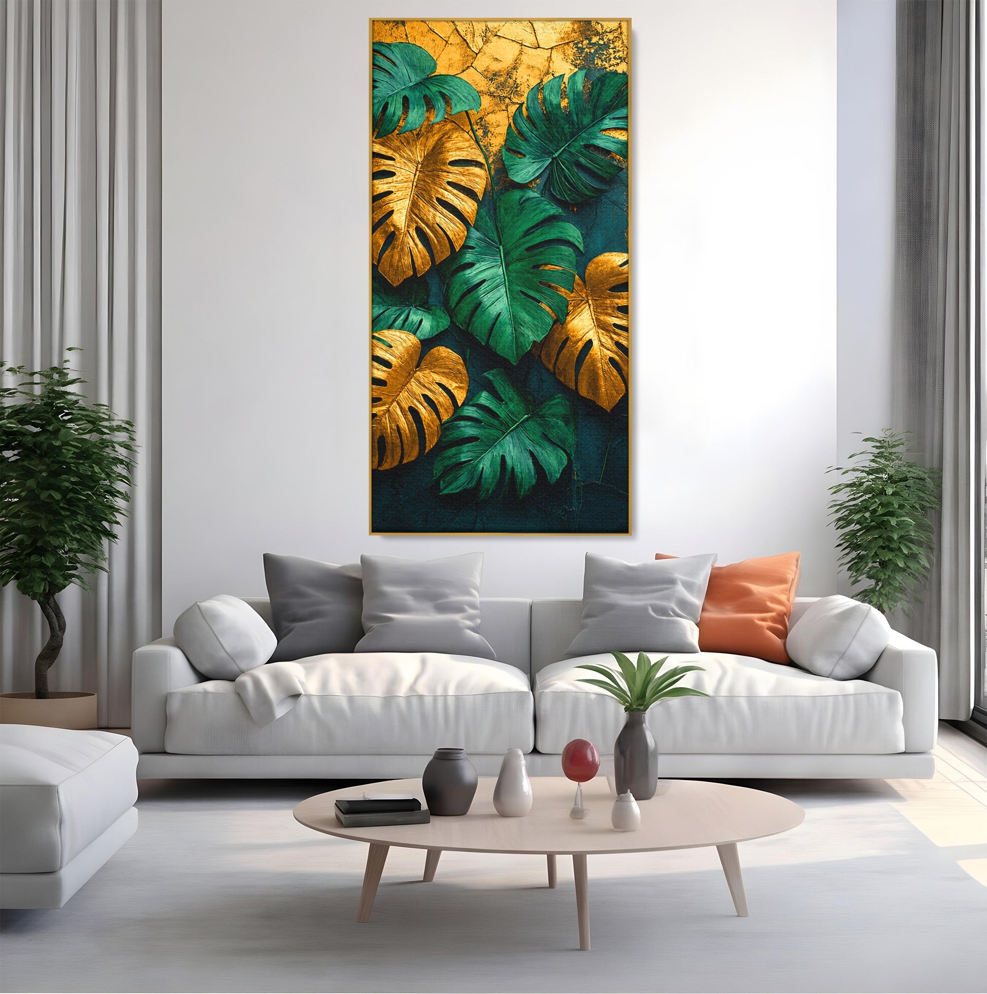Tablou Canvas Premium LuxCanva® A1880, Frunze Tropicale Aurii, Frunze, Tropical, Auriu, Natura, Modern, Living, Dormitor, Culori Vibrante