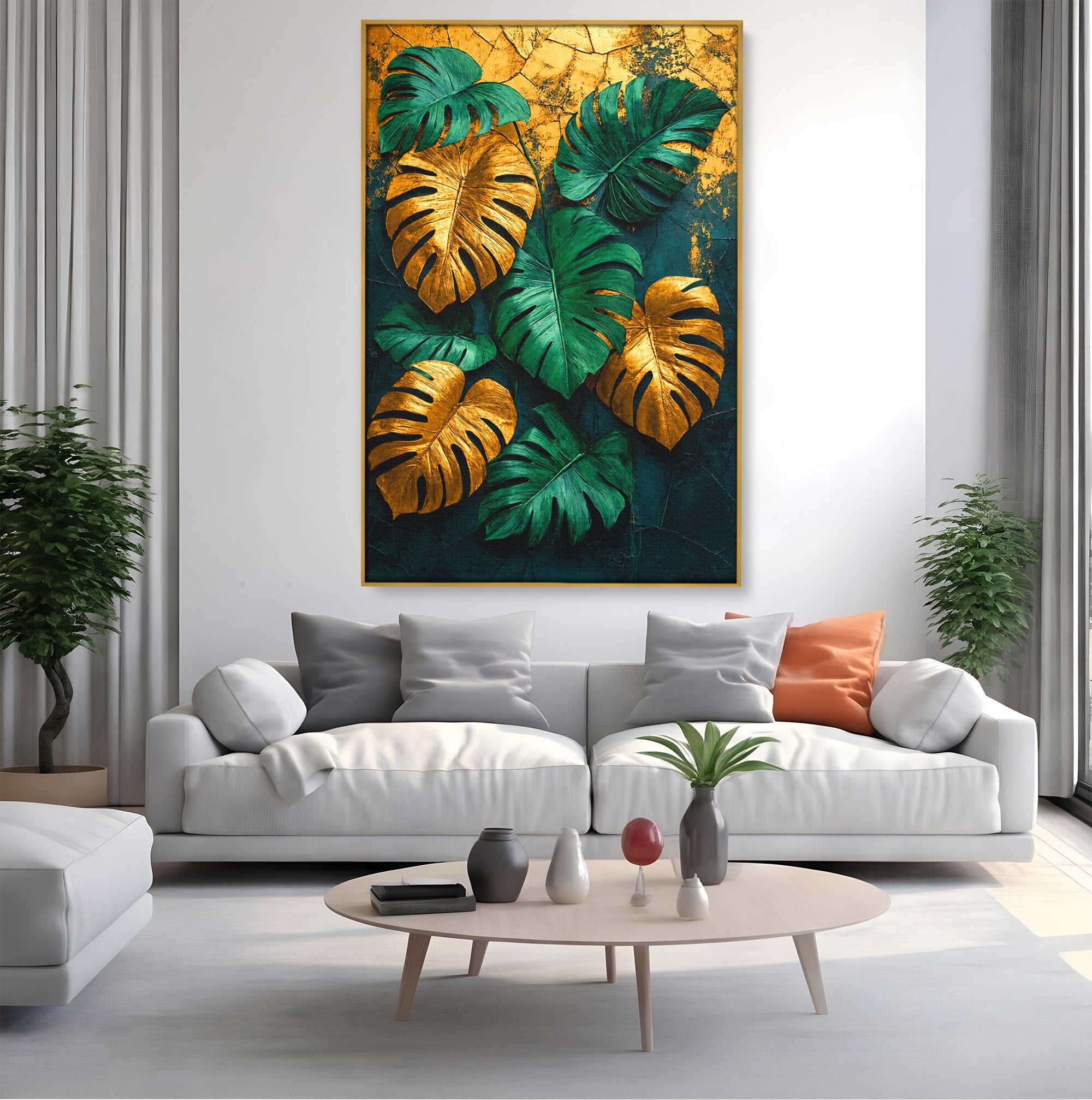 Tablou Canvas Premium LuxCanva® A1880, Frunze Tropicale Aurii, Frunze, Tropical, Auriu, Natura, Modern, Living, Dormitor, Culori Vibrante