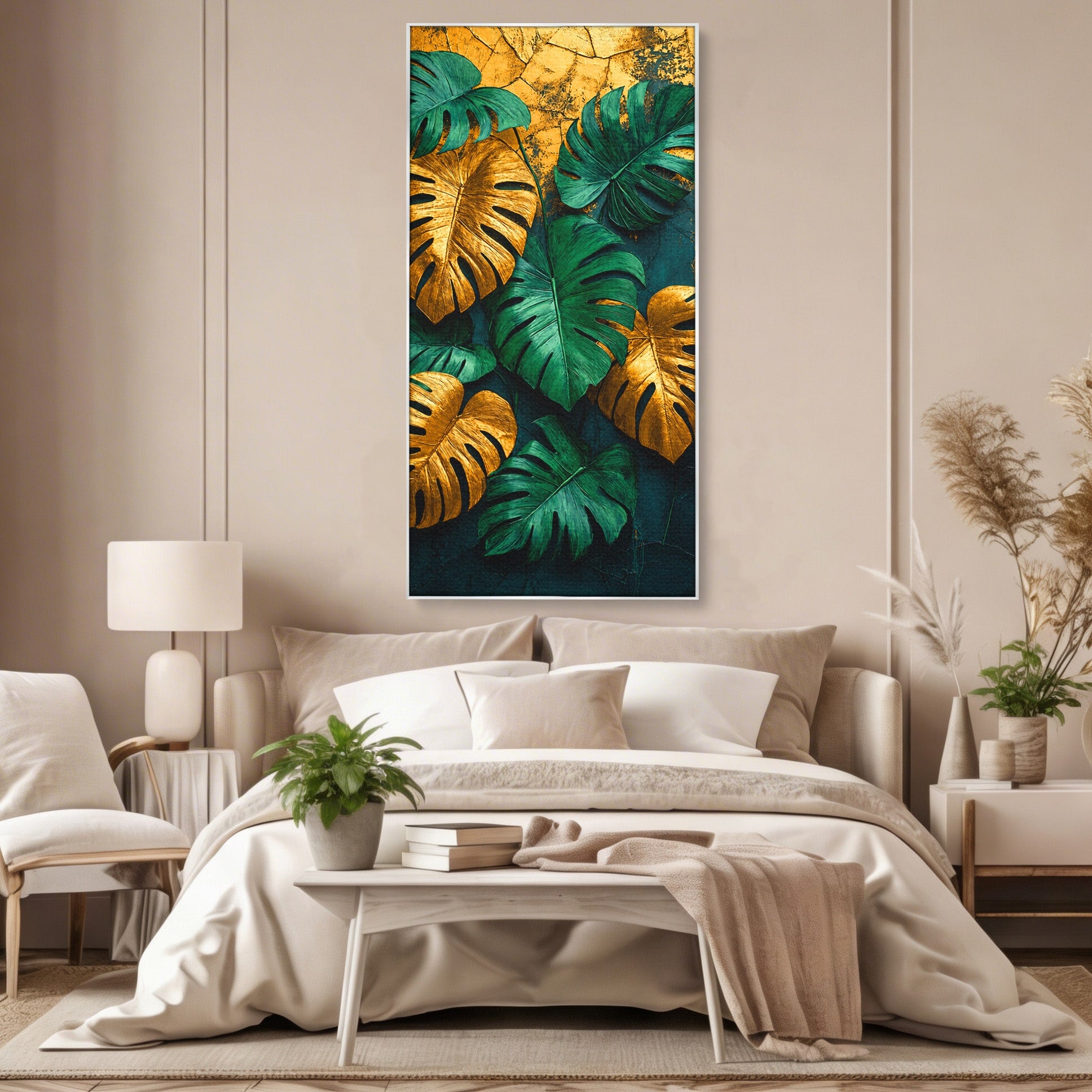 Tablou Canvas Premium LuxCanva® A1880, Frunze Tropicale Aurii, Frunze, Tropical, Auriu, Natura, Modern, Living, Dormitor, Culori Vibrante