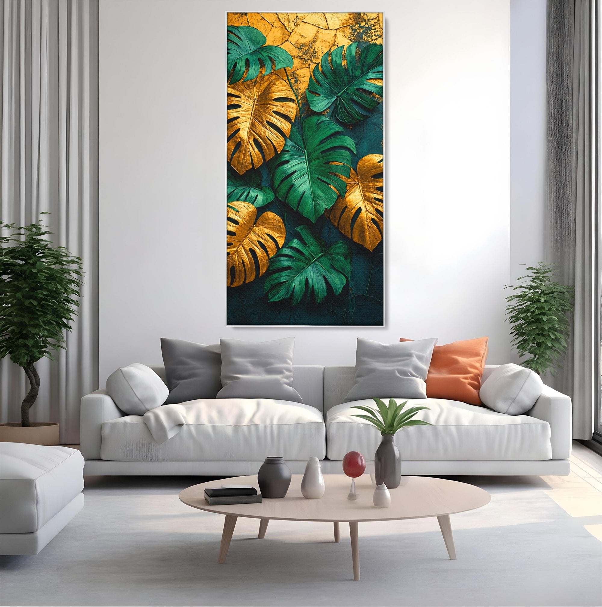 Tablou Canvas Premium LuxCanva® A1880, Frunze Tropicale Aurii, Frunze, Tropical, Auriu, Natura, Modern, Living, Dormitor, Culori Vibrante