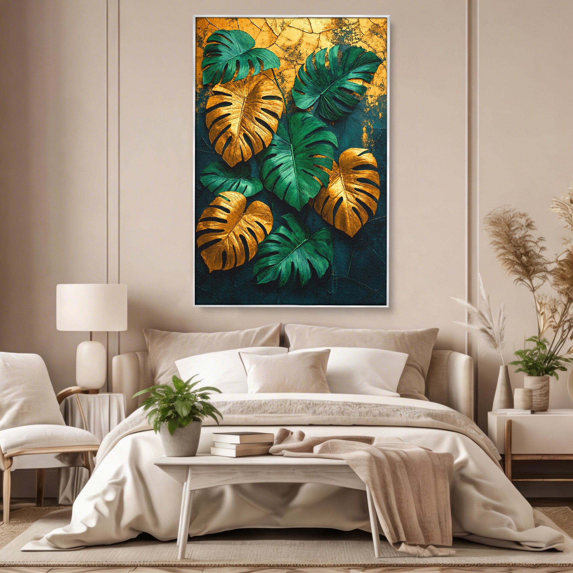 Tablou Canvas Premium LuxCanva® A1880, Frunze Tropicale Aurii, Frunze, Tropical, Auriu, Natura, Modern, Living, Dormitor, Culori Vibrante