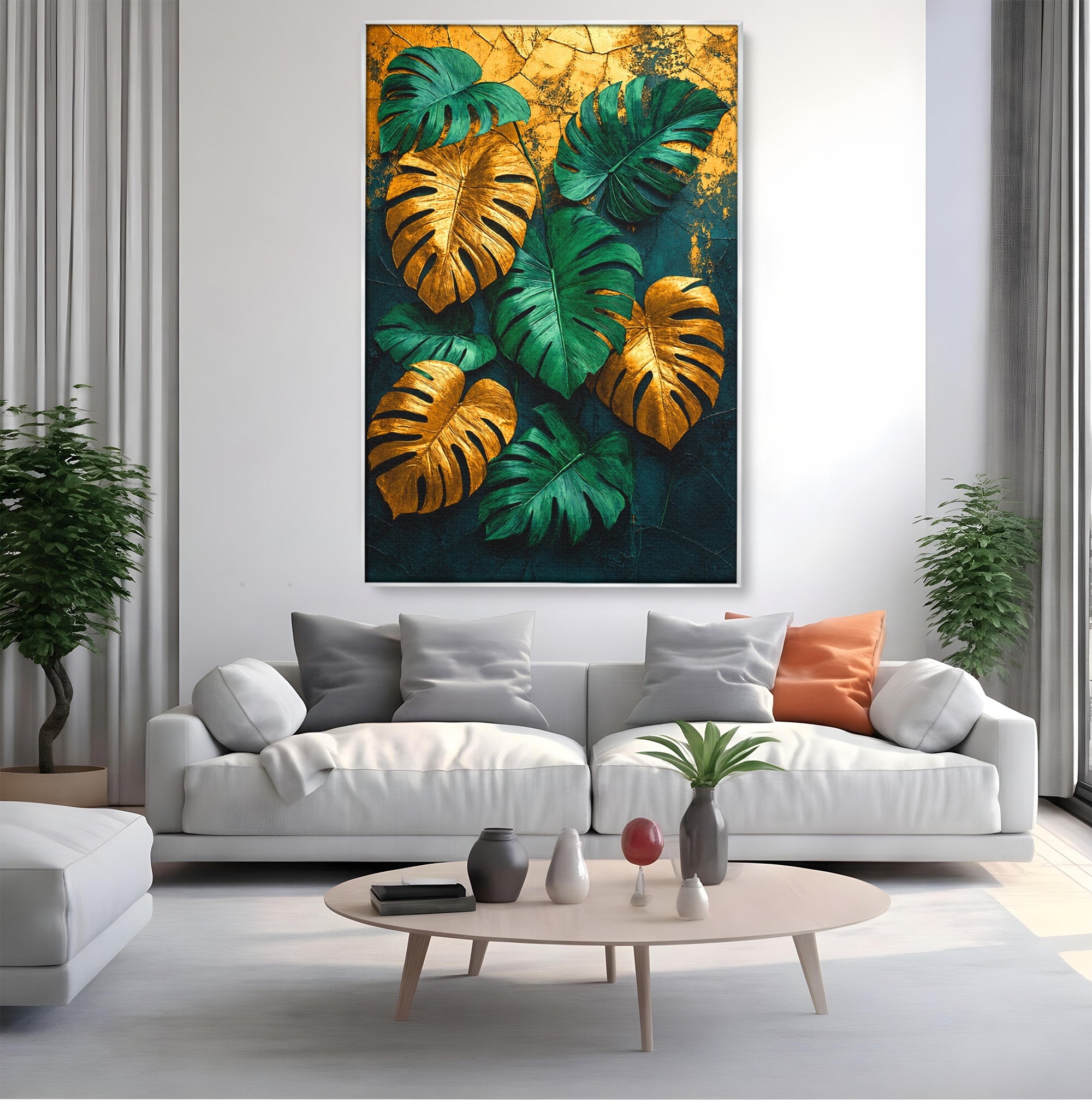 Tablou Canvas Premium LuxCanva® A1880, Frunze Tropicale Aurii, Frunze, Tropical, Auriu, Natura, Modern, Living, Dormitor, Culori Vibrante