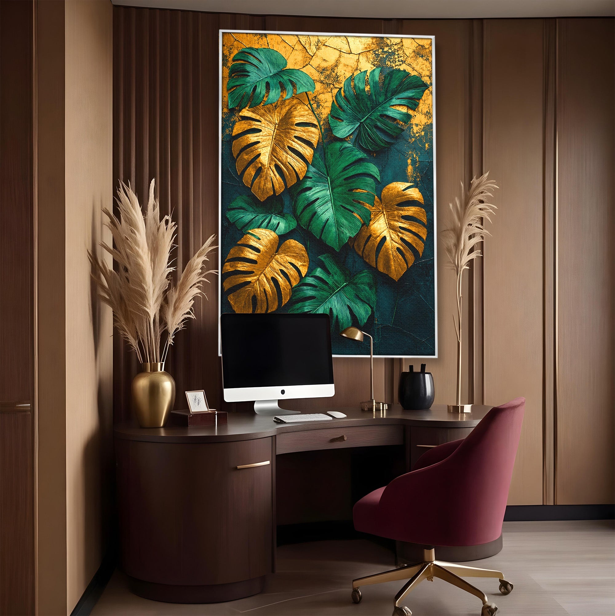 Tablou Canvas Premium LuxCanva® A1880, Frunze Tropicale Aurii, Frunze, Tropical, Auriu, Natura, Modern, Living, Dormitor, Culori Vibrante