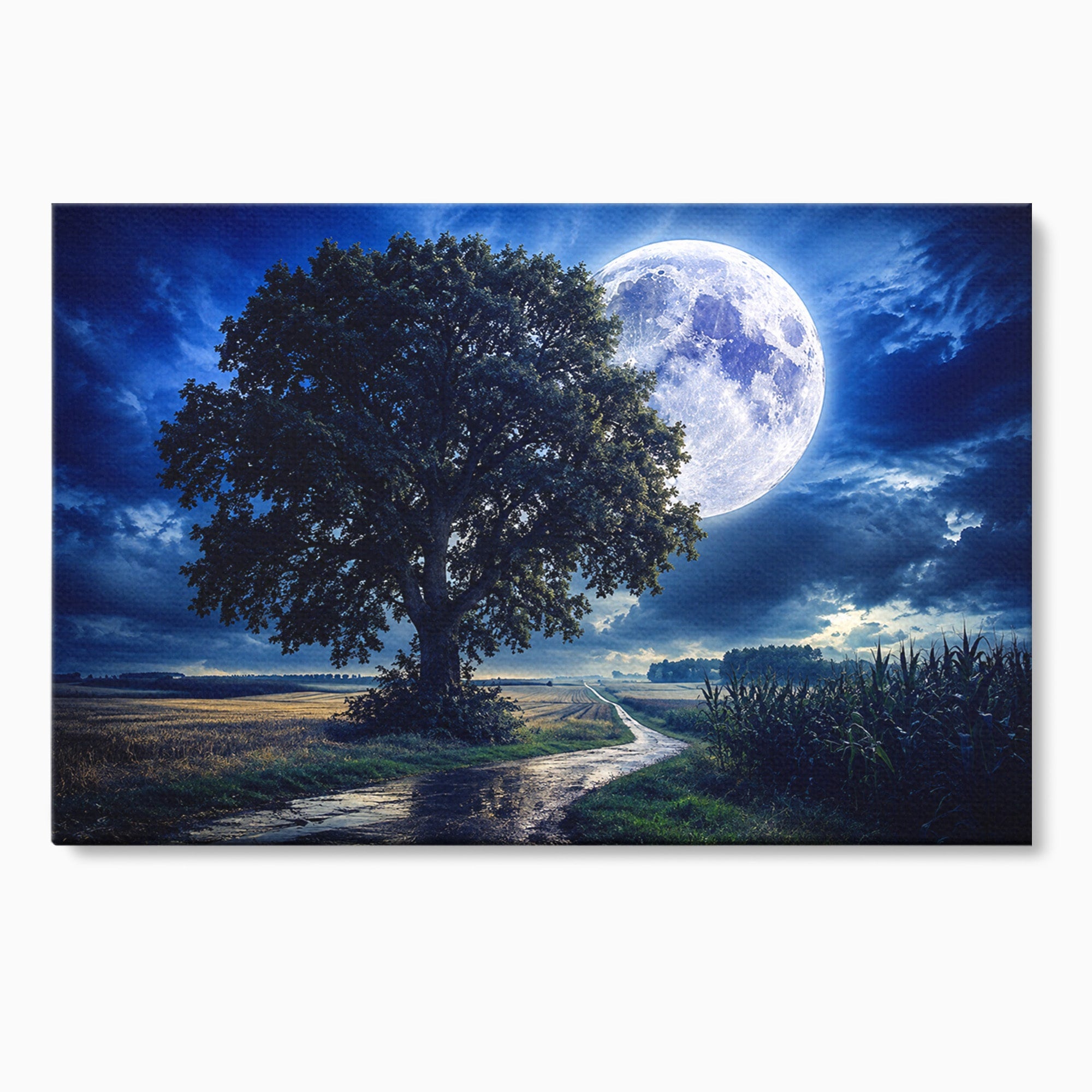 Tablou Canvas Premium LuxCanva® A1884, Luna Plina si Copacul Solitar, Copac, Luna, Peisaj, Noapte, Living, Culori Vibrante