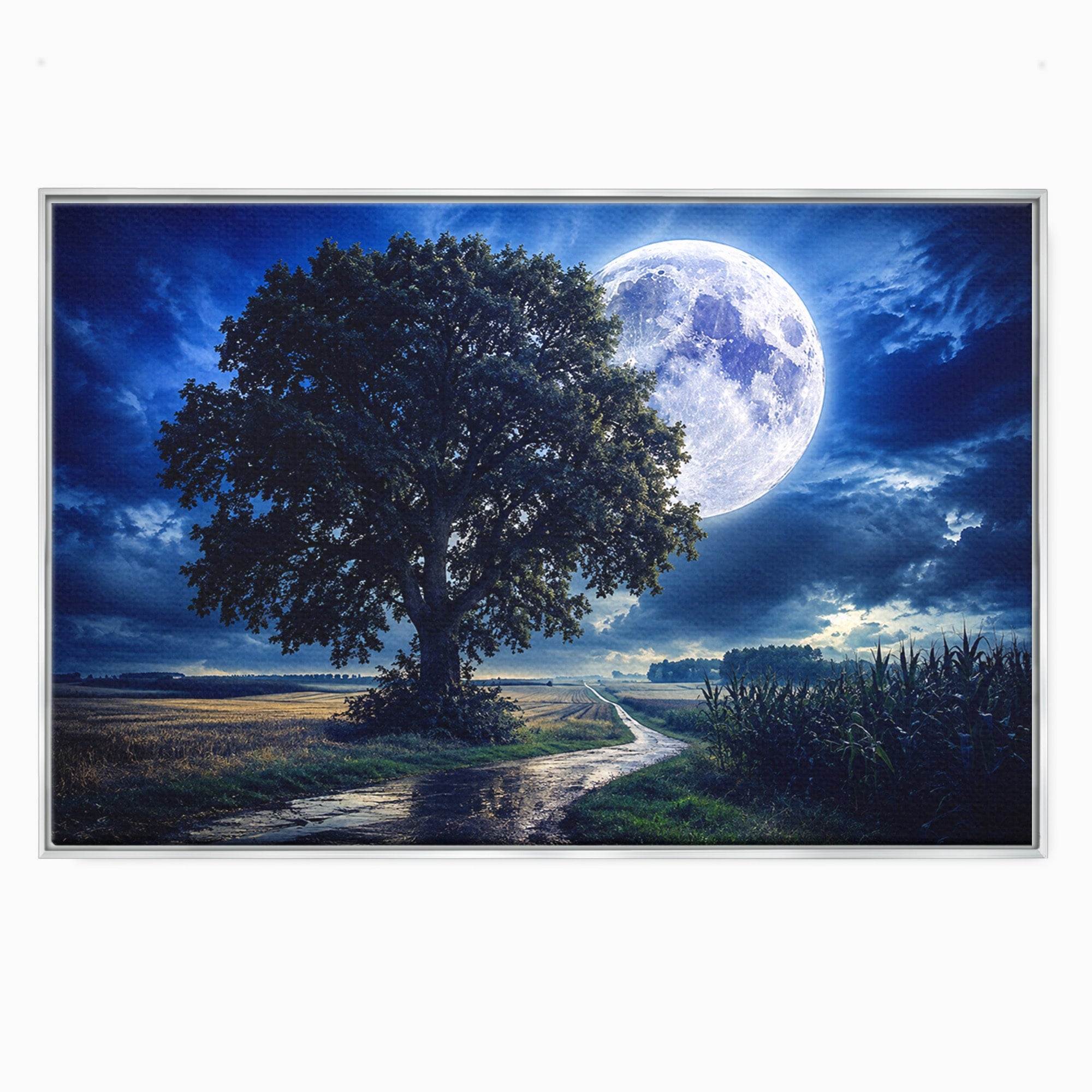 Tablou Canvas Premium LuxCanva® A1884, Luna Plina si Copacul Solitar, Copac, Luna, Peisaj, Noapte, Living, Culori Vibrante