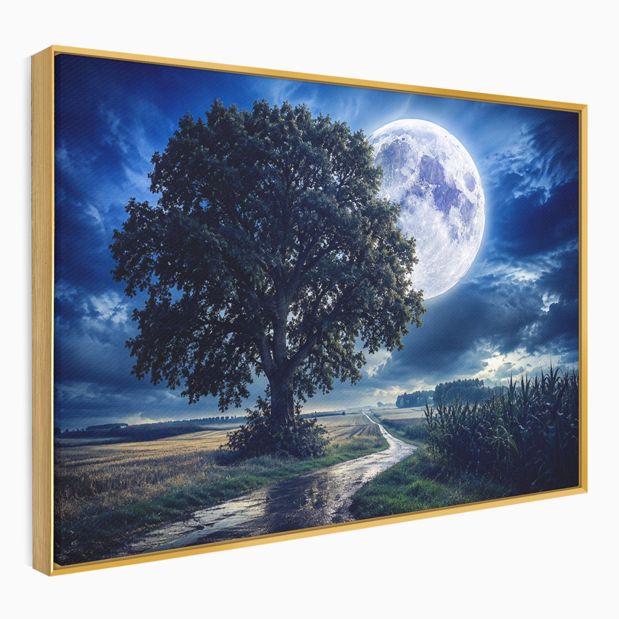 Tablou Canvas Premium LuxCanva® A1884, Luna Plina si Copacul Solitar, Copac, Luna, Peisaj, Noapte, Living, Culori Vibrante