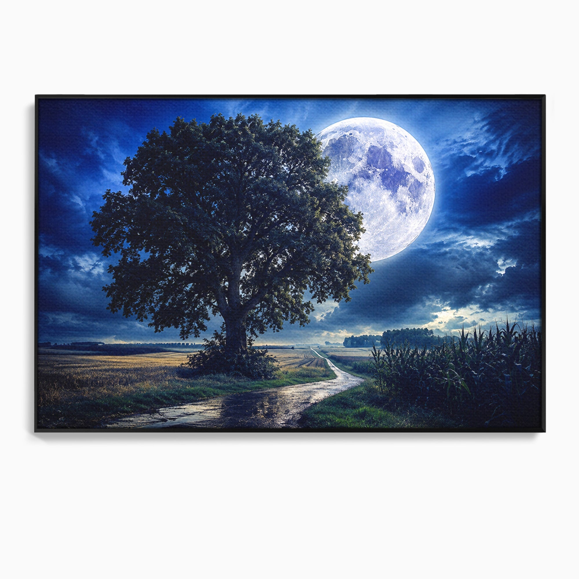 Tablou Canvas Premium LuxCanva® A1884, Luna Plina si Copacul Solitar, Copac, Luna, Peisaj, Noapte, Living, Culori Vibrante