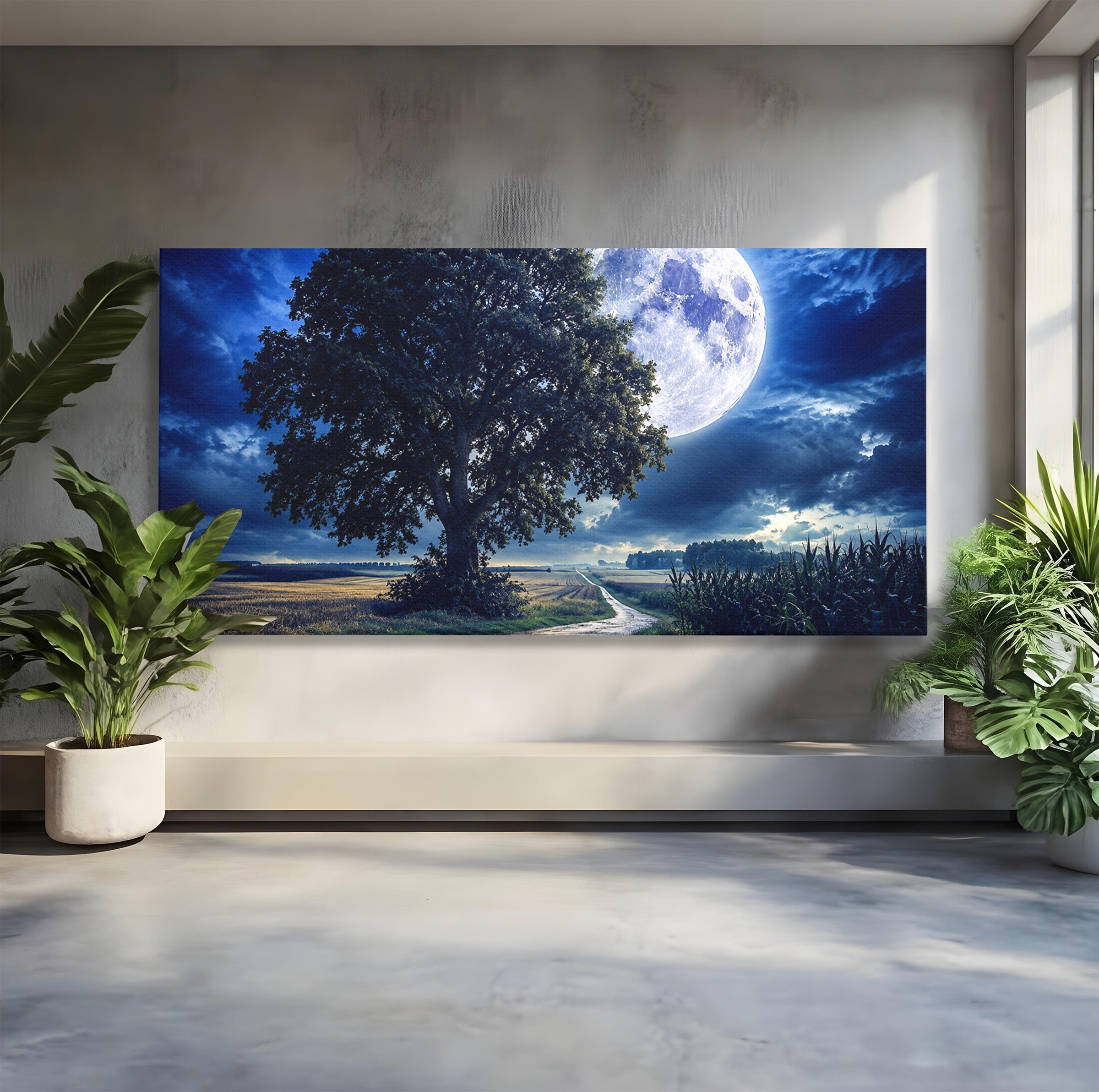 Tablou Canvas Premium LuxCanva® A1884, Luna Plina si Copacul Solitar, Copac, Luna, Peisaj, Noapte, Living, Culori Vibrante