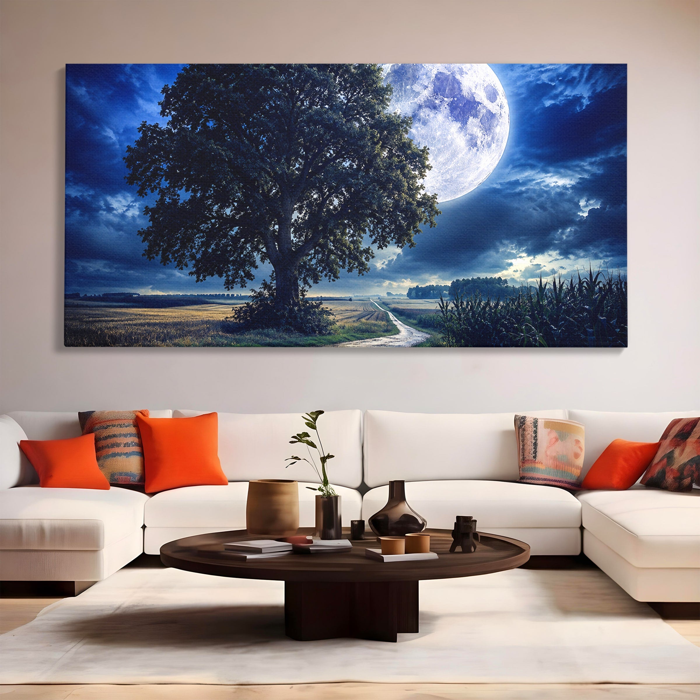 Tablou Canvas Premium LuxCanva® A1884, Luna Plina si Copacul Solitar, Copac, Luna, Peisaj, Noapte, Living, Culori Vibrante