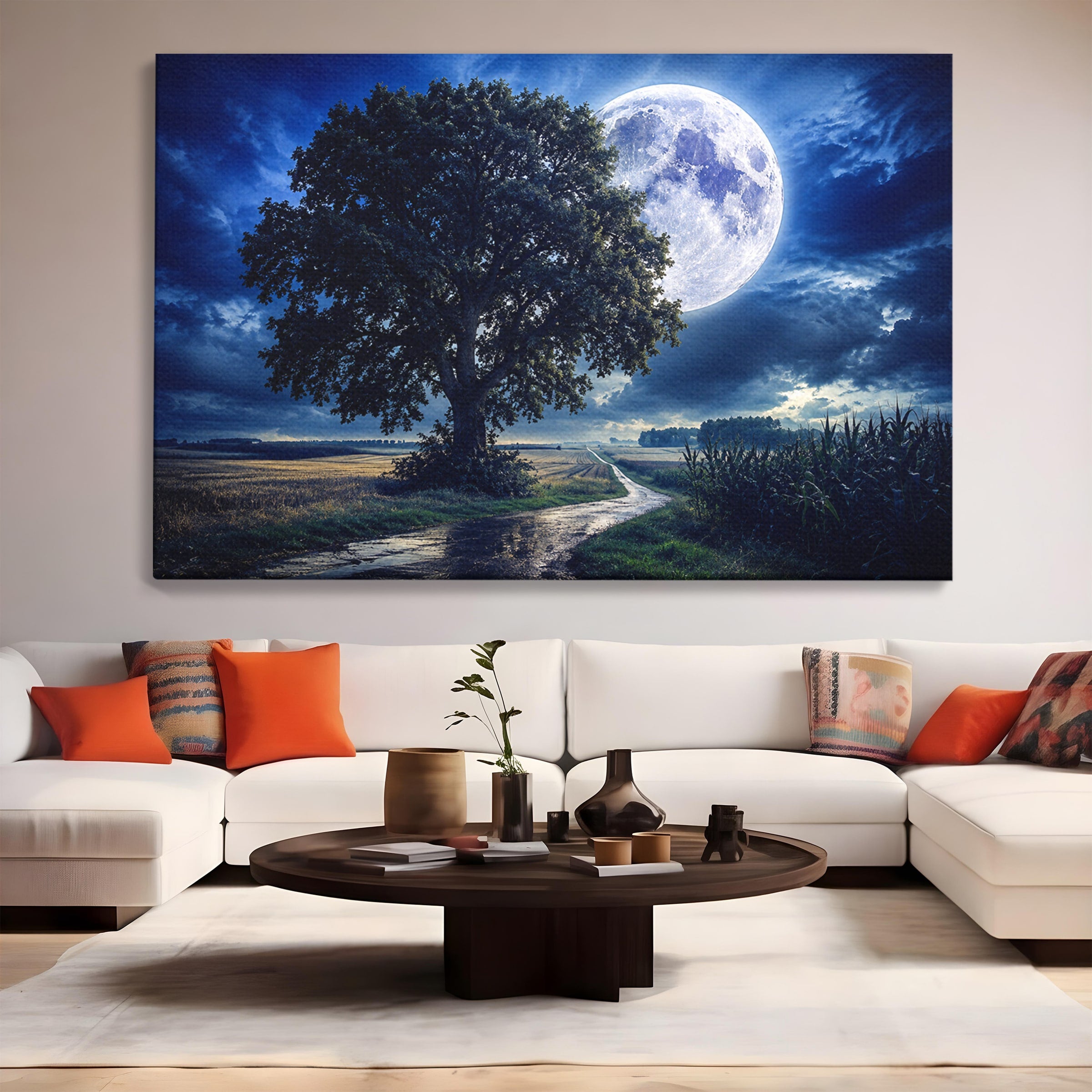 Tablou Canvas Premium LuxCanva® A1884, Luna Plina si Copacul Solitar, Copac, Luna, Peisaj, Noapte, Living, Culori Vibrante