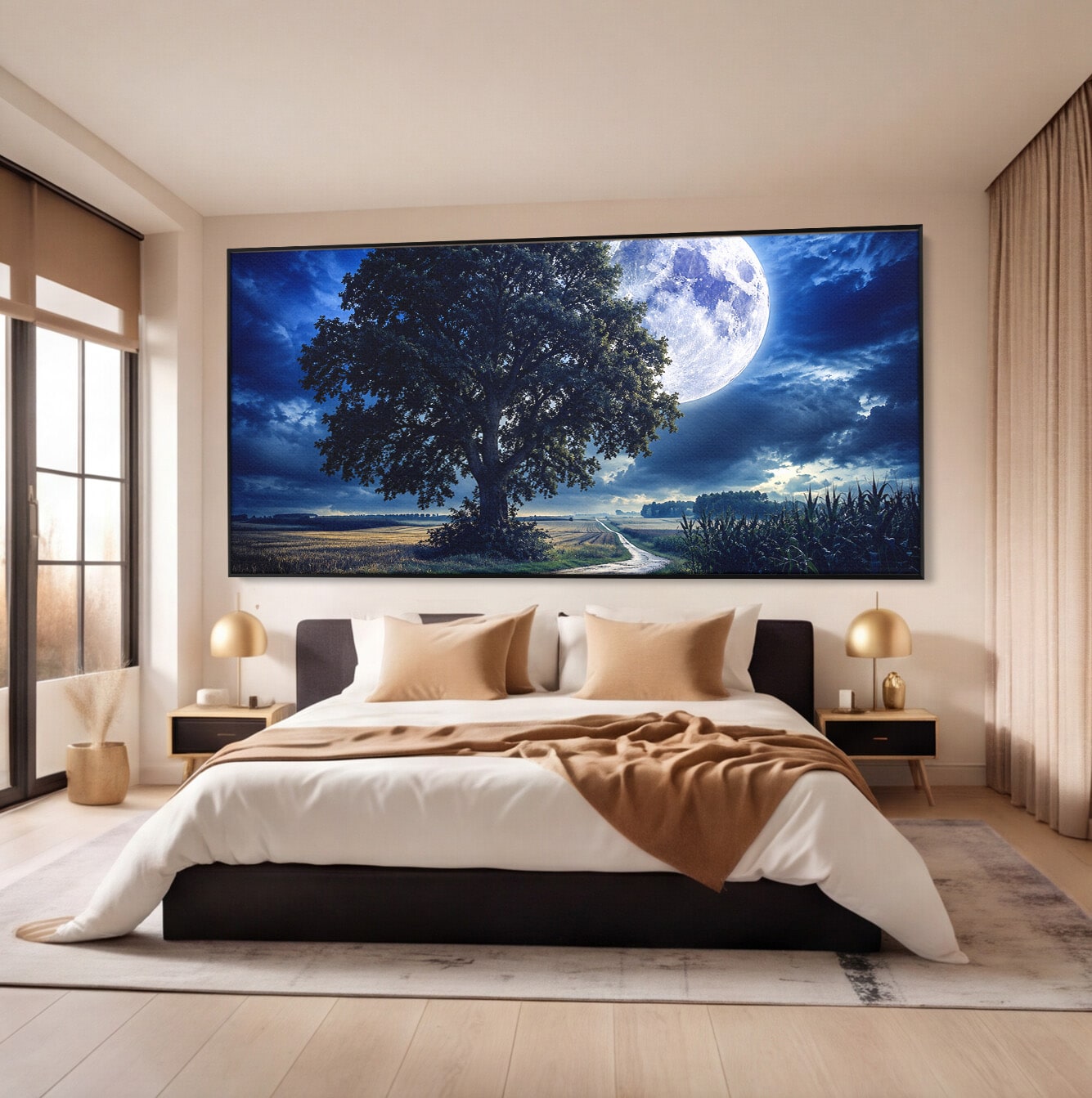 Tablou Canvas Premium LuxCanva® A1884, Luna Plina si Copacul Solitar, Copac, Luna, Peisaj, Noapte, Living, Culori Vibrante