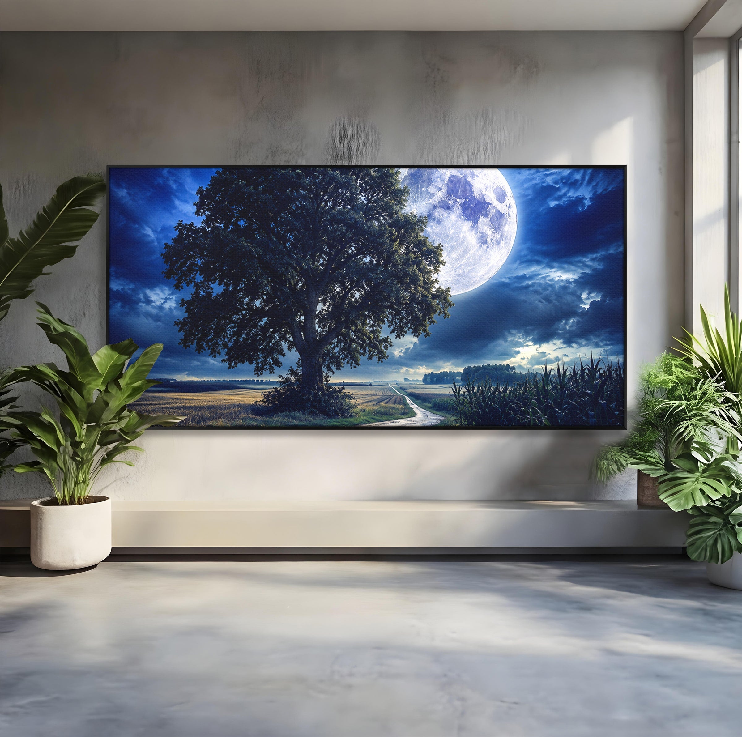 Tablou Canvas Premium LuxCanva® A1884, Luna Plina si Copacul Solitar, Copac, Luna, Peisaj, Noapte, Living, Culori Vibrante