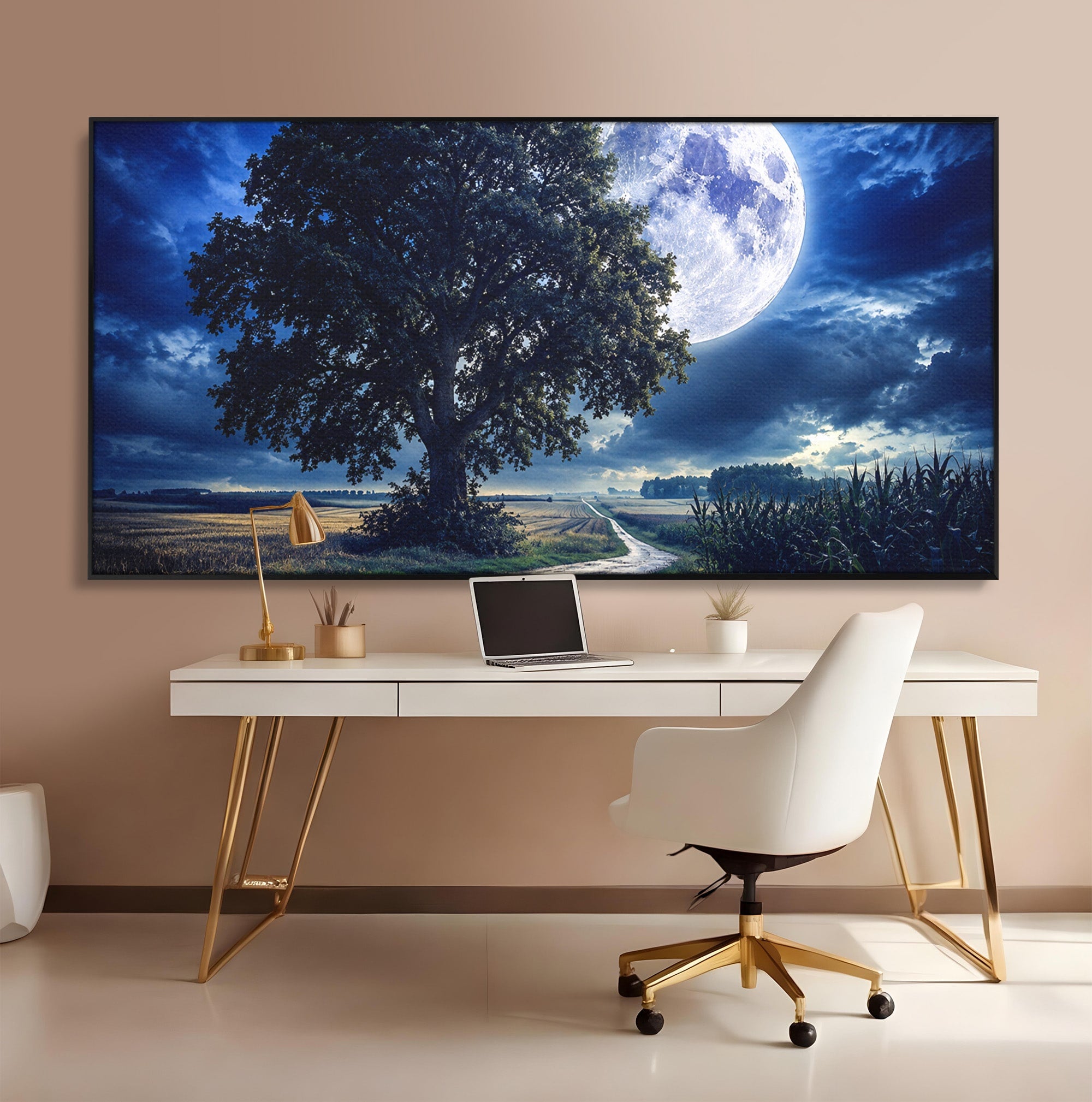 Tablou Canvas Premium LuxCanva® A1884, Luna Plina si Copacul Solitar, Copac, Luna, Peisaj, Noapte, Living, Culori Vibrante