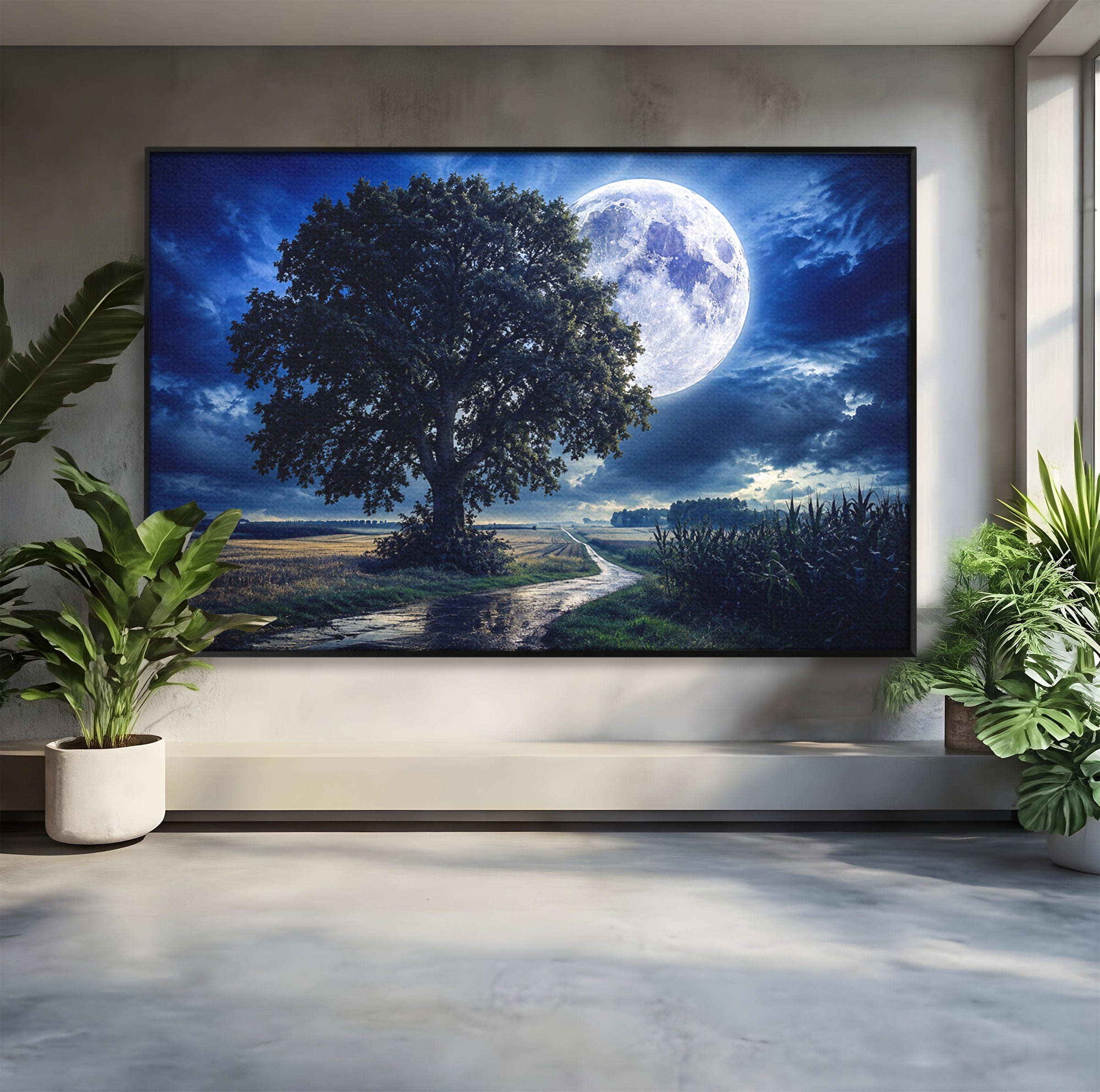 Tablou Canvas Premium LuxCanva® A1884, Luna Plina si Copacul Solitar, Copac, Luna, Peisaj, Noapte, Living, Culori Vibrante