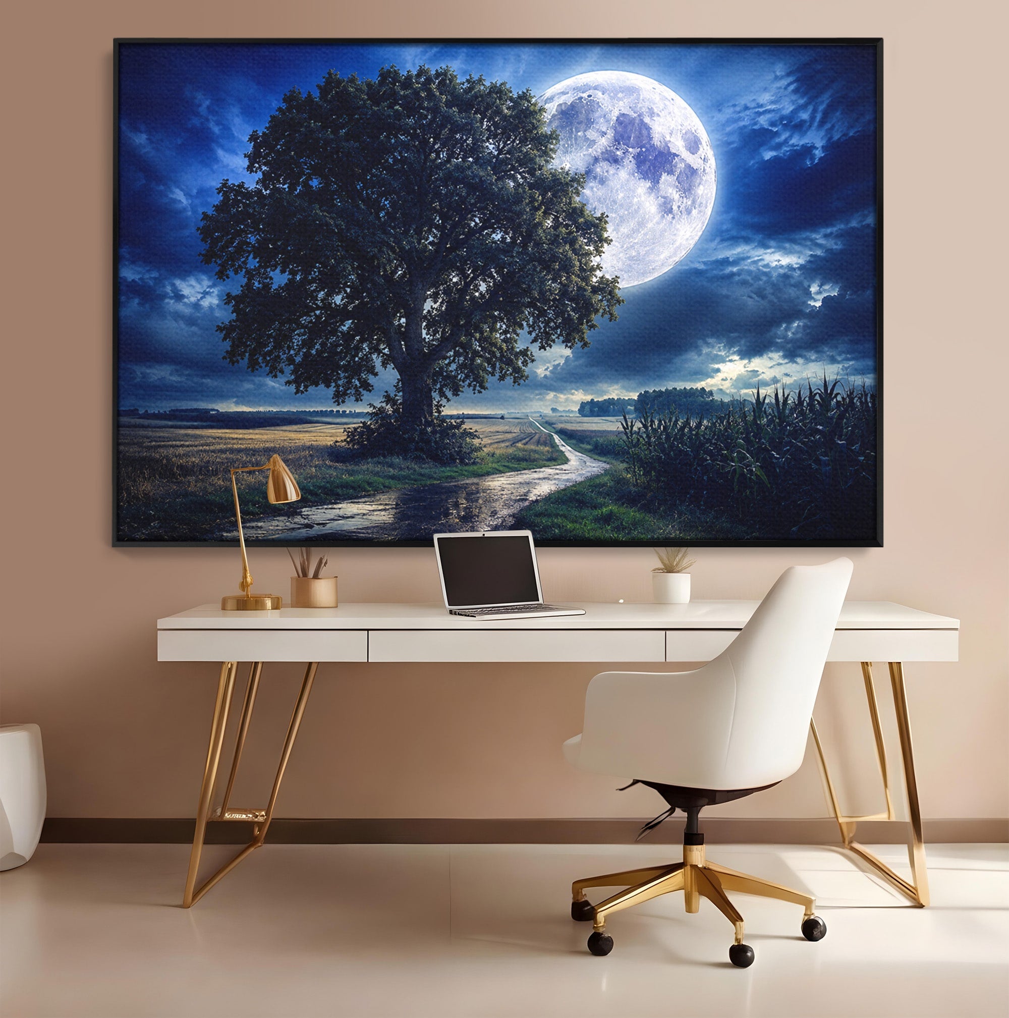 Tablou Canvas Premium LuxCanva® A1884, Luna Plina si Copacul Solitar, Copac, Luna, Peisaj, Noapte, Living, Culori Vibrante