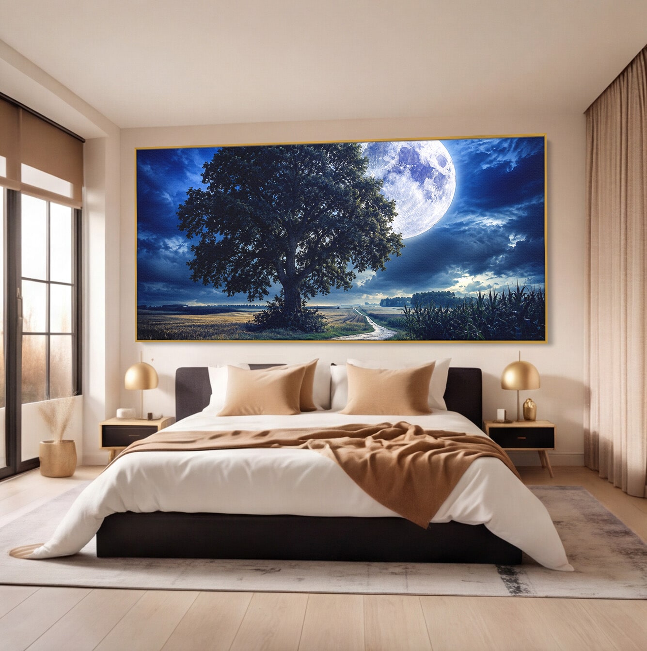 Tablou Canvas Premium LuxCanva® A1884, Luna Plina si Copacul Solitar, Copac, Luna, Peisaj, Noapte, Living, Culori Vibrante