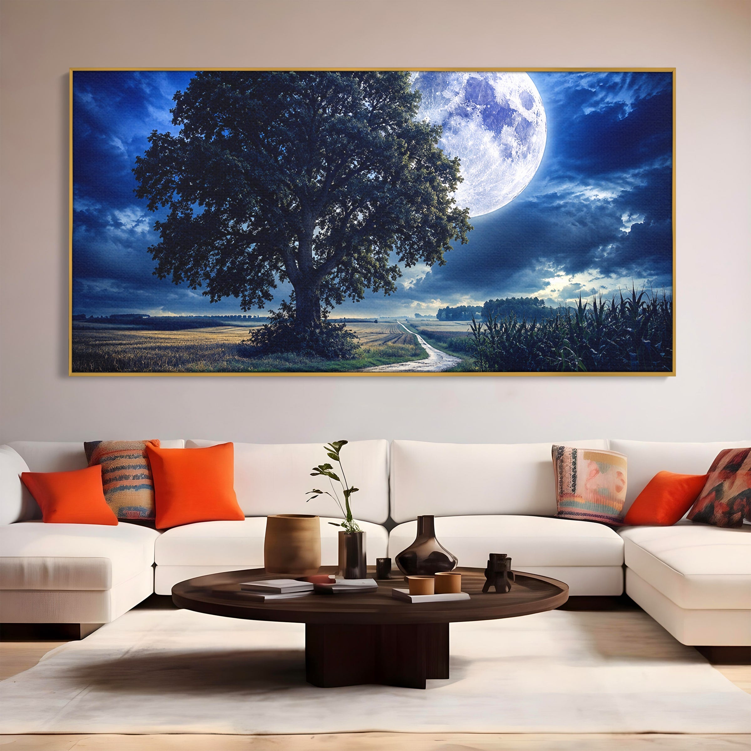 Tablou Canvas Premium LuxCanva® A1884, Luna Plina si Copacul Solitar, Copac, Luna, Peisaj, Noapte, Living, Culori Vibrante