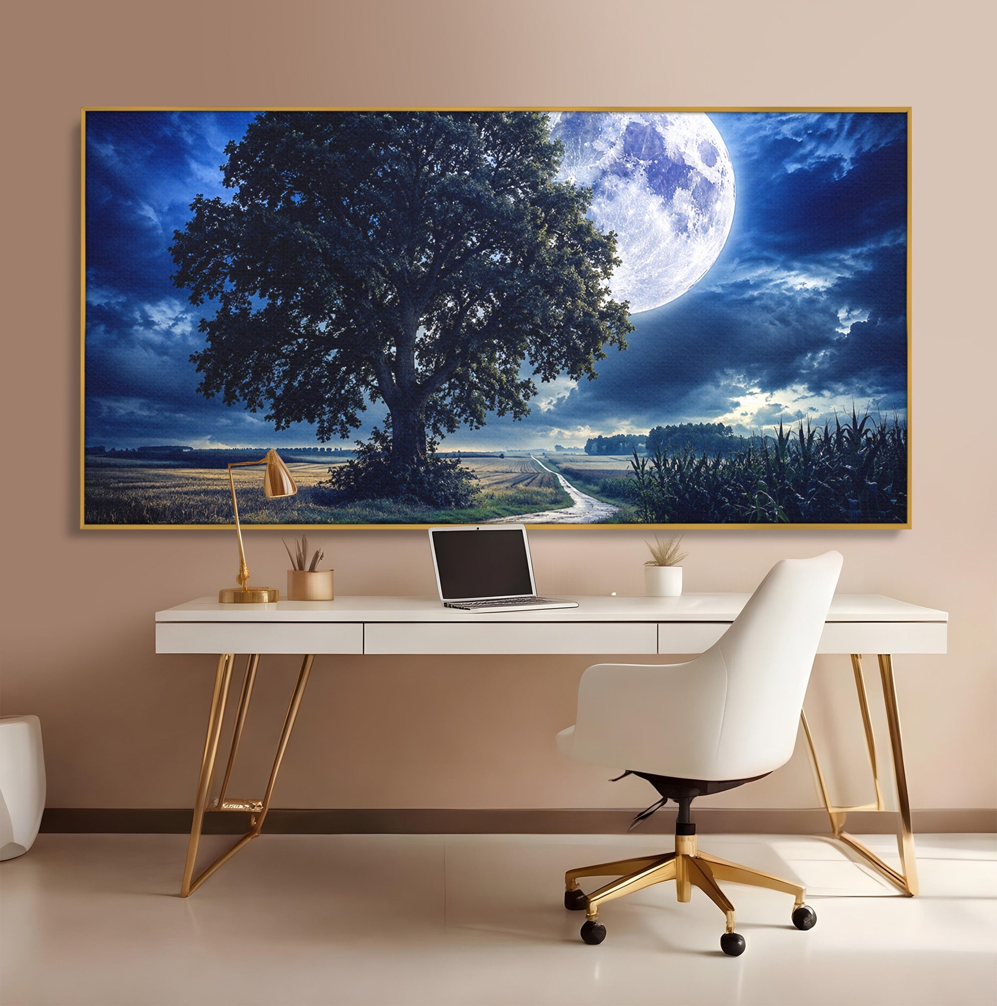 Tablou Canvas Premium LuxCanva® A1884, Luna Plina si Copacul Solitar, Copac, Luna, Peisaj, Noapte, Living, Culori Vibrante