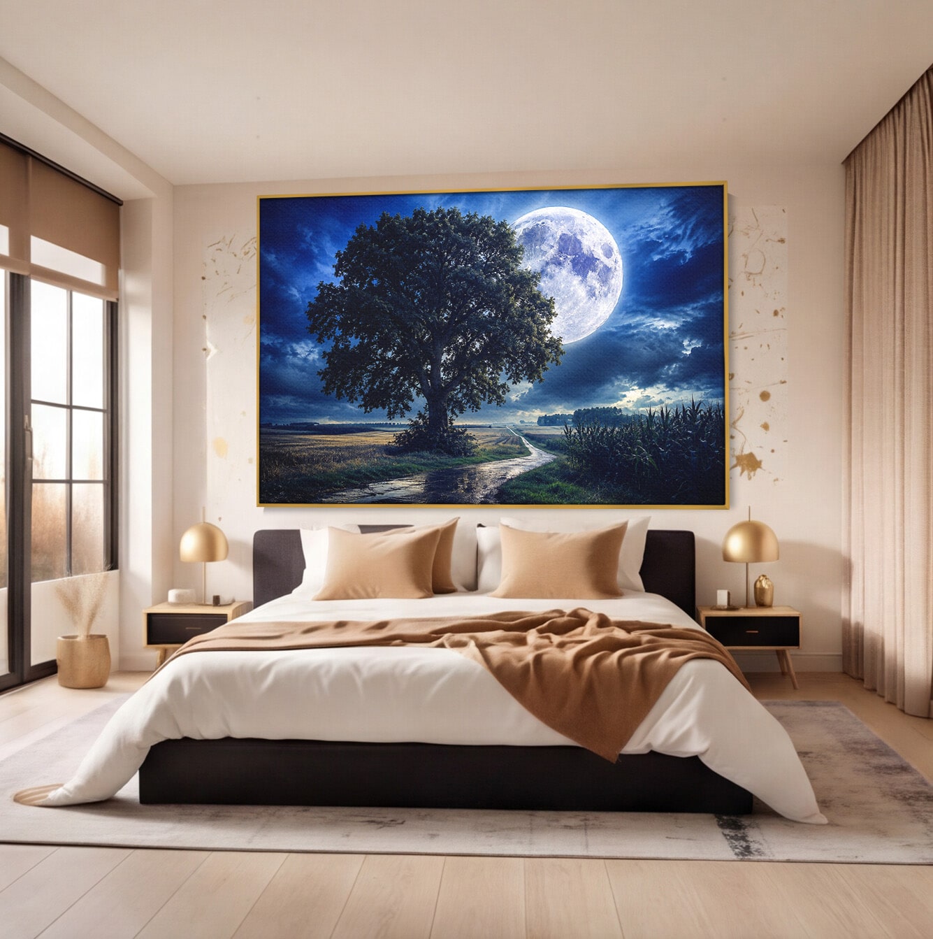 Tablou Canvas Premium LuxCanva® A1884, Luna Plina si Copacul Solitar, Copac, Luna, Peisaj, Noapte, Living, Culori Vibrante