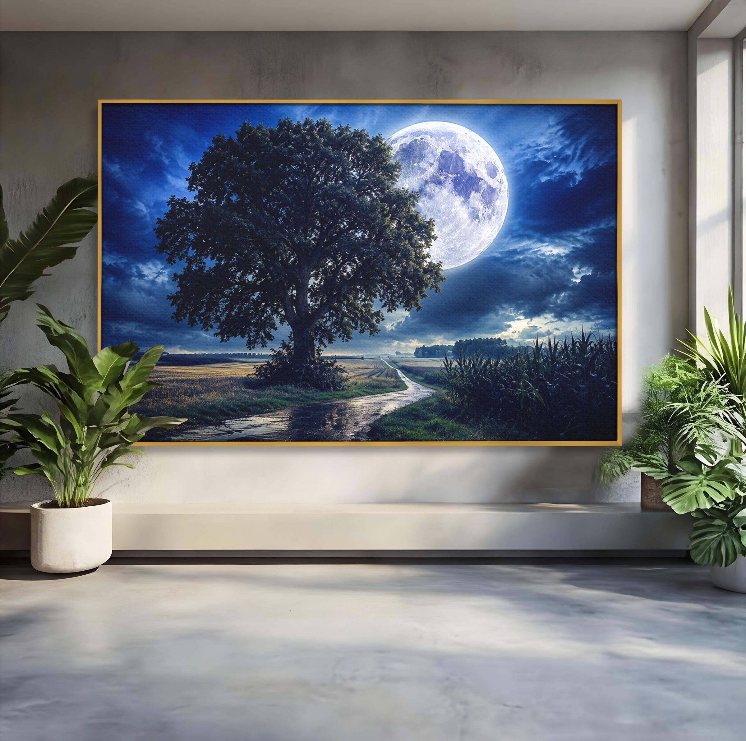 Tablou Canvas Premium LuxCanva® A1884, Luna Plina si Copacul Solitar, Copac, Luna, Peisaj, Noapte, Living, Culori Vibrante