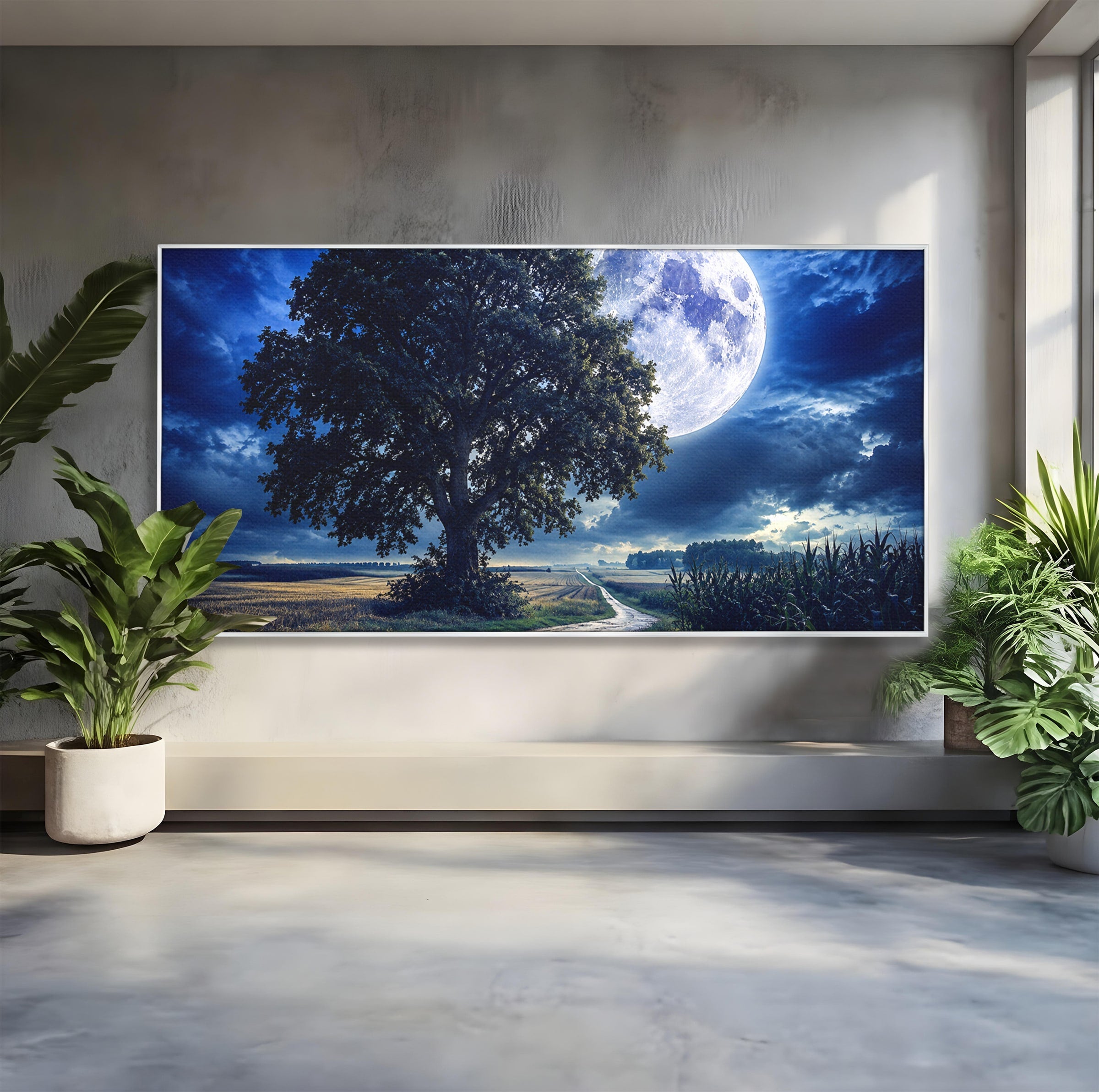 Tablou Canvas Premium LuxCanva® A1884, Luna Plina si Copacul Solitar, Copac, Luna, Peisaj, Noapte, Living, Culori Vibrante