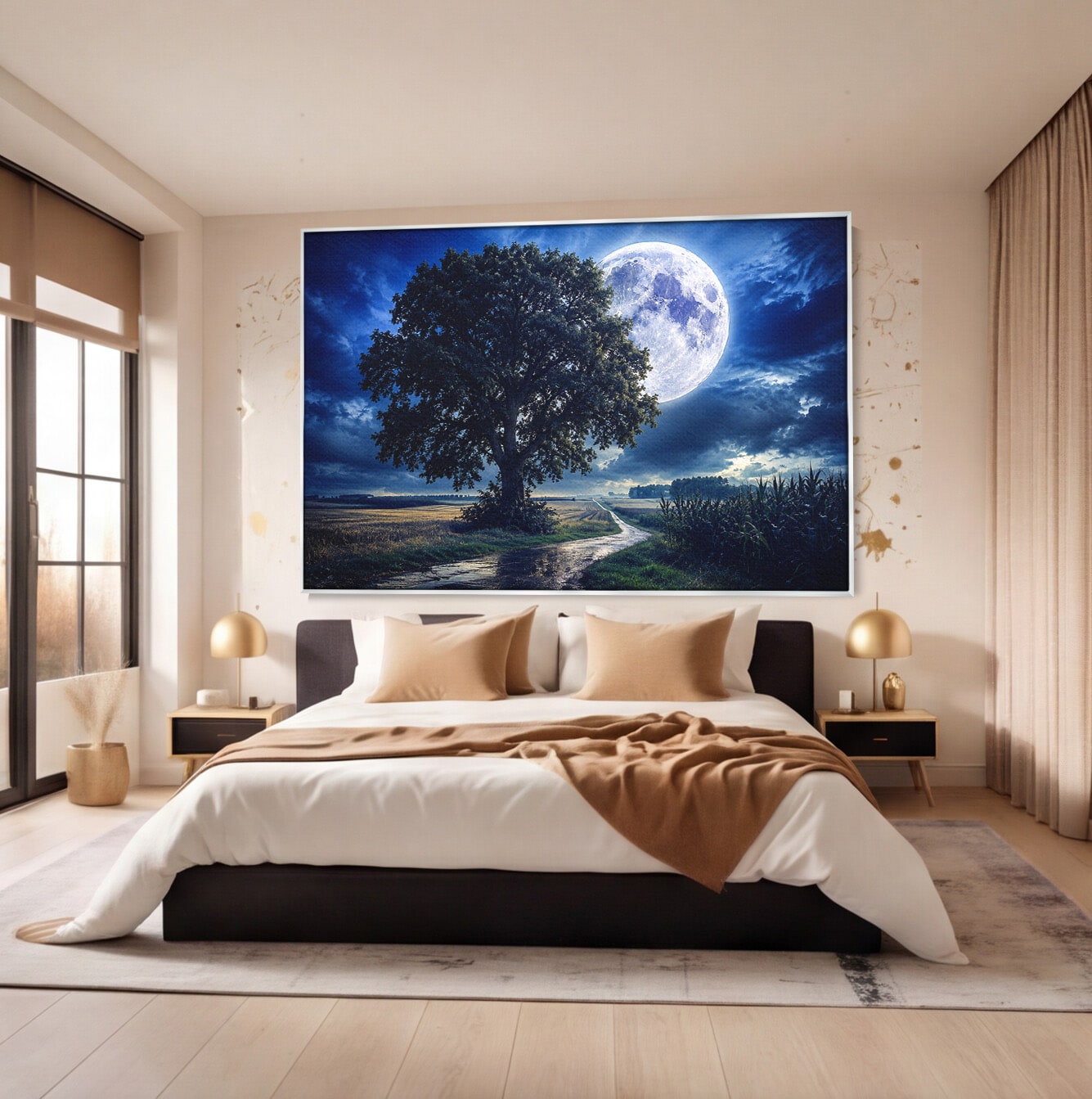 Tablou Canvas Premium LuxCanva® A1884, Luna Plina si Copacul Solitar, Copac, Luna, Peisaj, Noapte, Living, Culori Vibrante