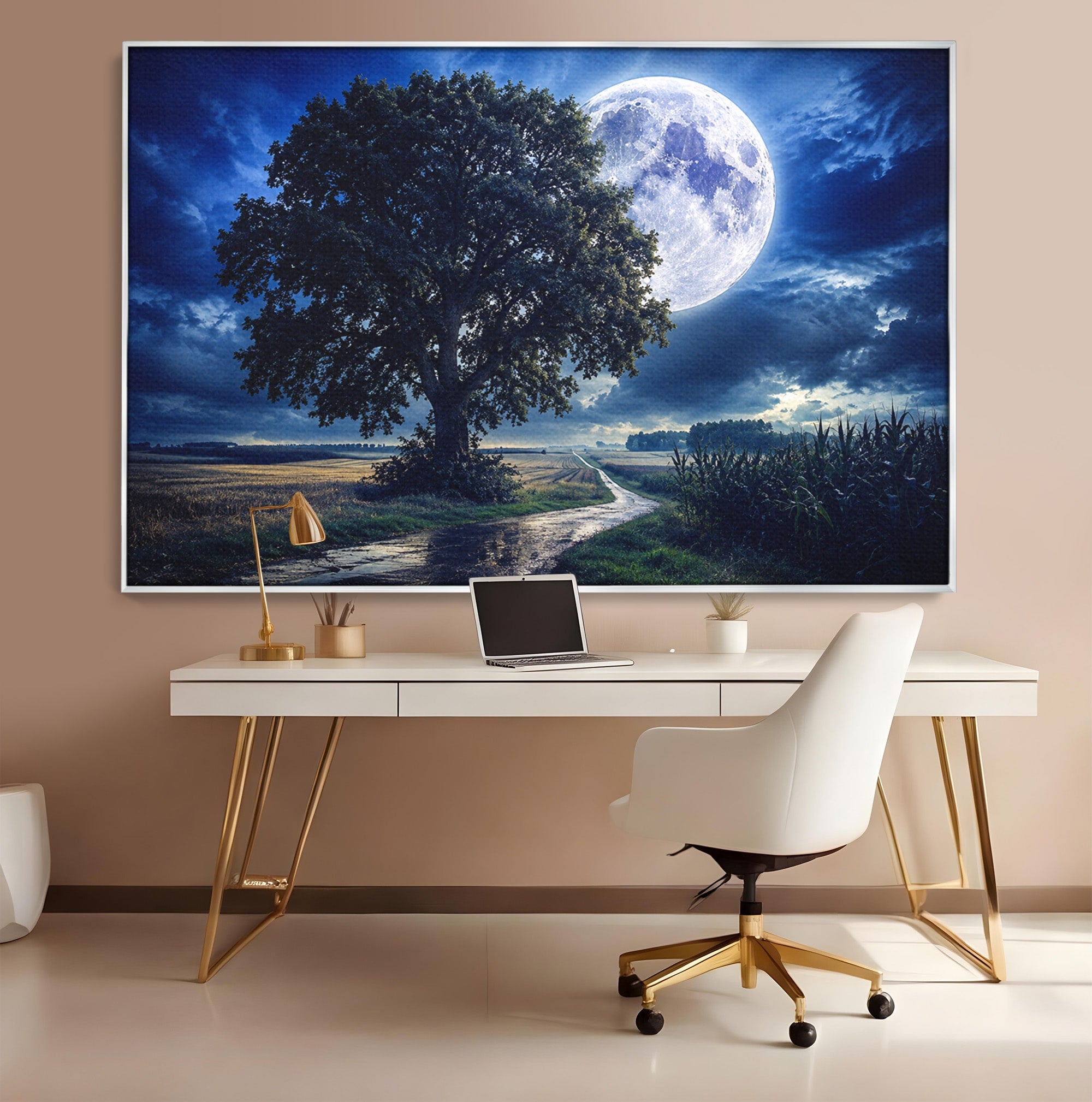 Tablou Canvas Premium LuxCanva® A1884, Luna Plina si Copacul Solitar, Copac, Luna, Peisaj, Noapte, Living, Culori Vibrante