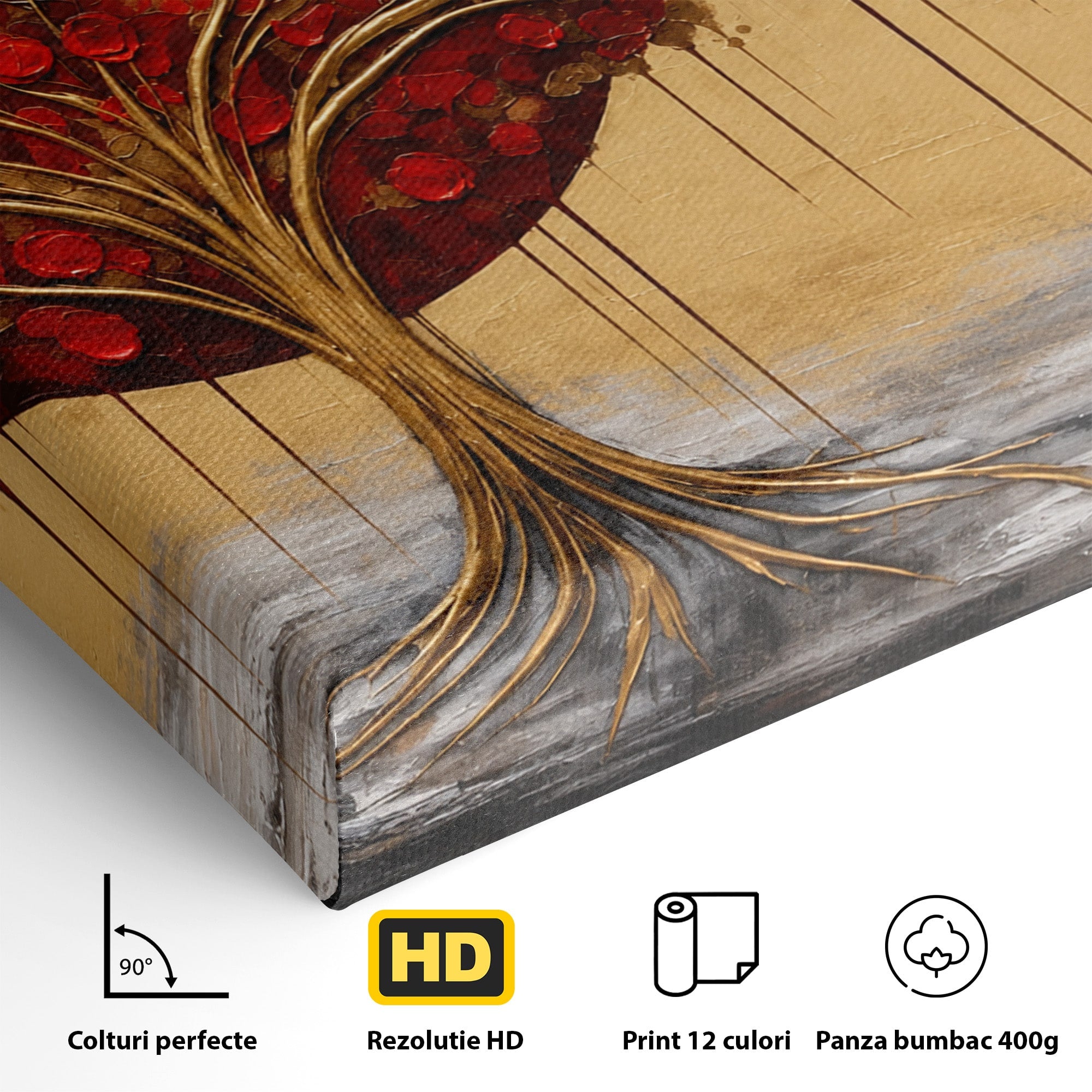 Tablou Canvas Premium LuxCanva® A1885, Copacul Rosu Pe Fundal Auriu, Copac, Abstract, Natura, Arta Contemporana, Living, Culori Vibrante