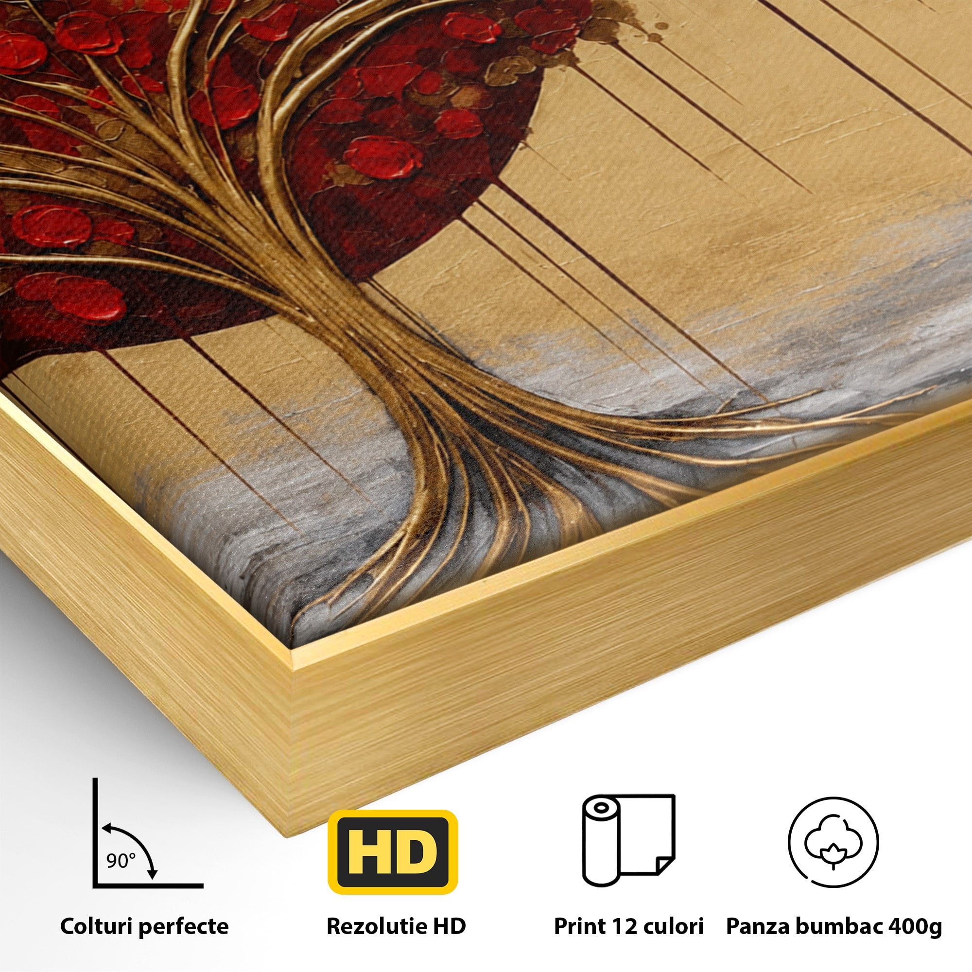 Tablou Canvas Premium LuxCanva® A1885, Copacul Rosu Pe Fundal Auriu, Copac, Abstract, Natura, Arta Contemporana, Living, Culori Vibrante