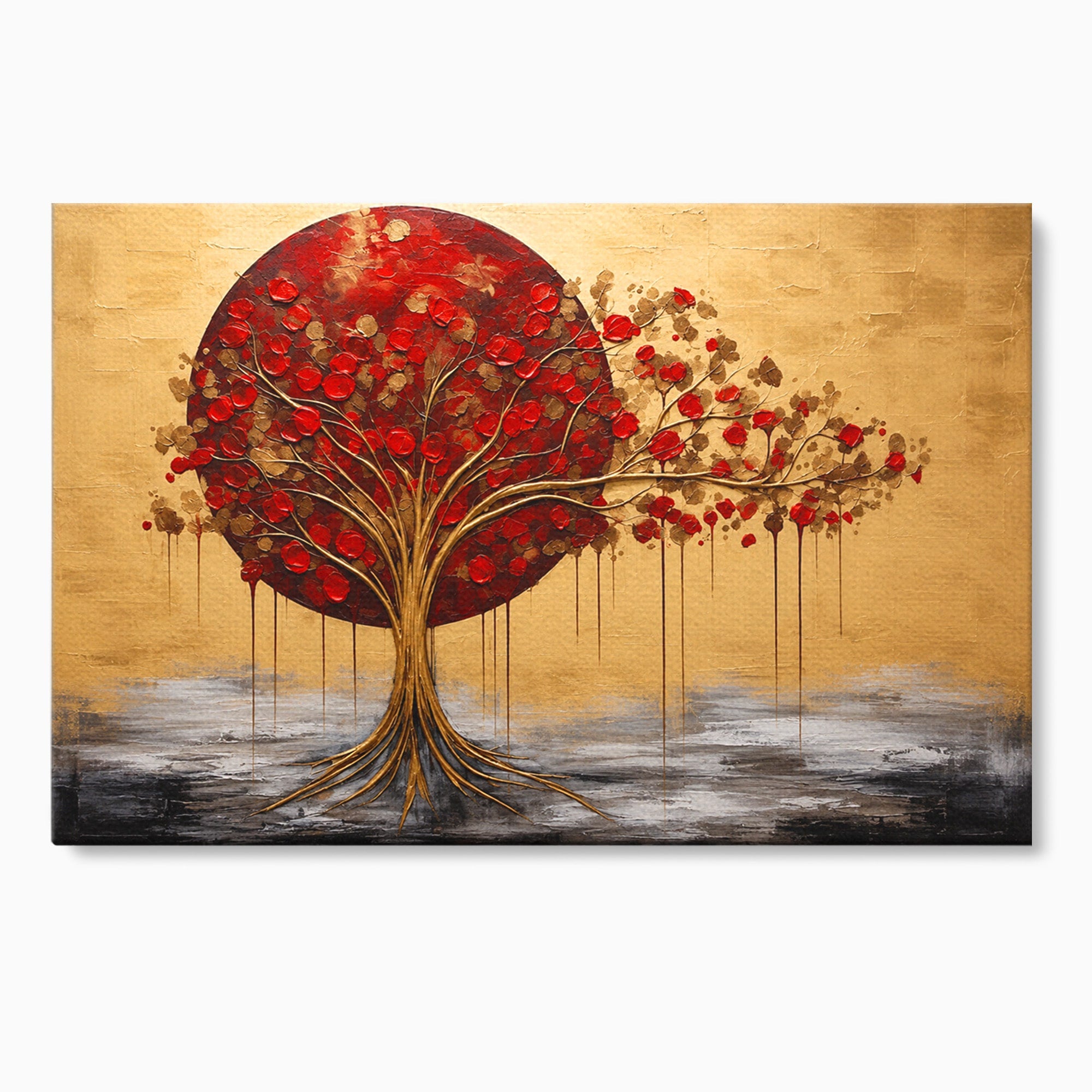 Tablou Canvas Premium LuxCanva® A1885, Copacul Rosu Pe Fundal Auriu, Copac, Abstract, Natura, Arta Contemporana, Living, Culori Vibrante