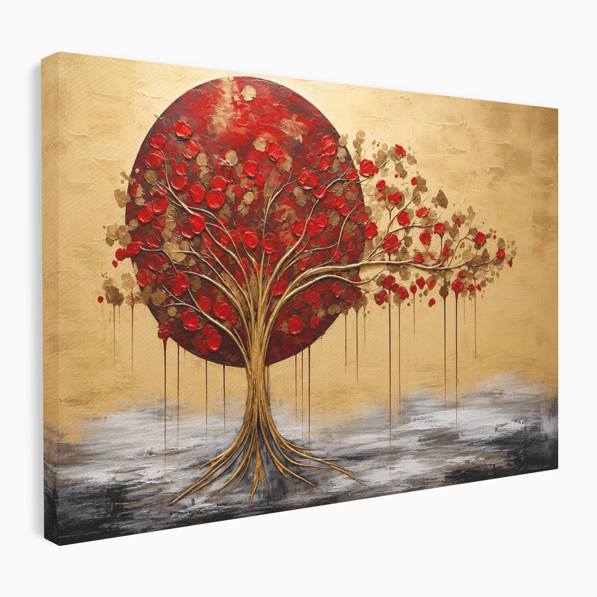 Tablou Canvas Premium LuxCanva® A1885, Copacul Rosu Pe Fundal Auriu, Copac, Abstract, Natura, Arta Contemporana, Living, Culori Vibrante